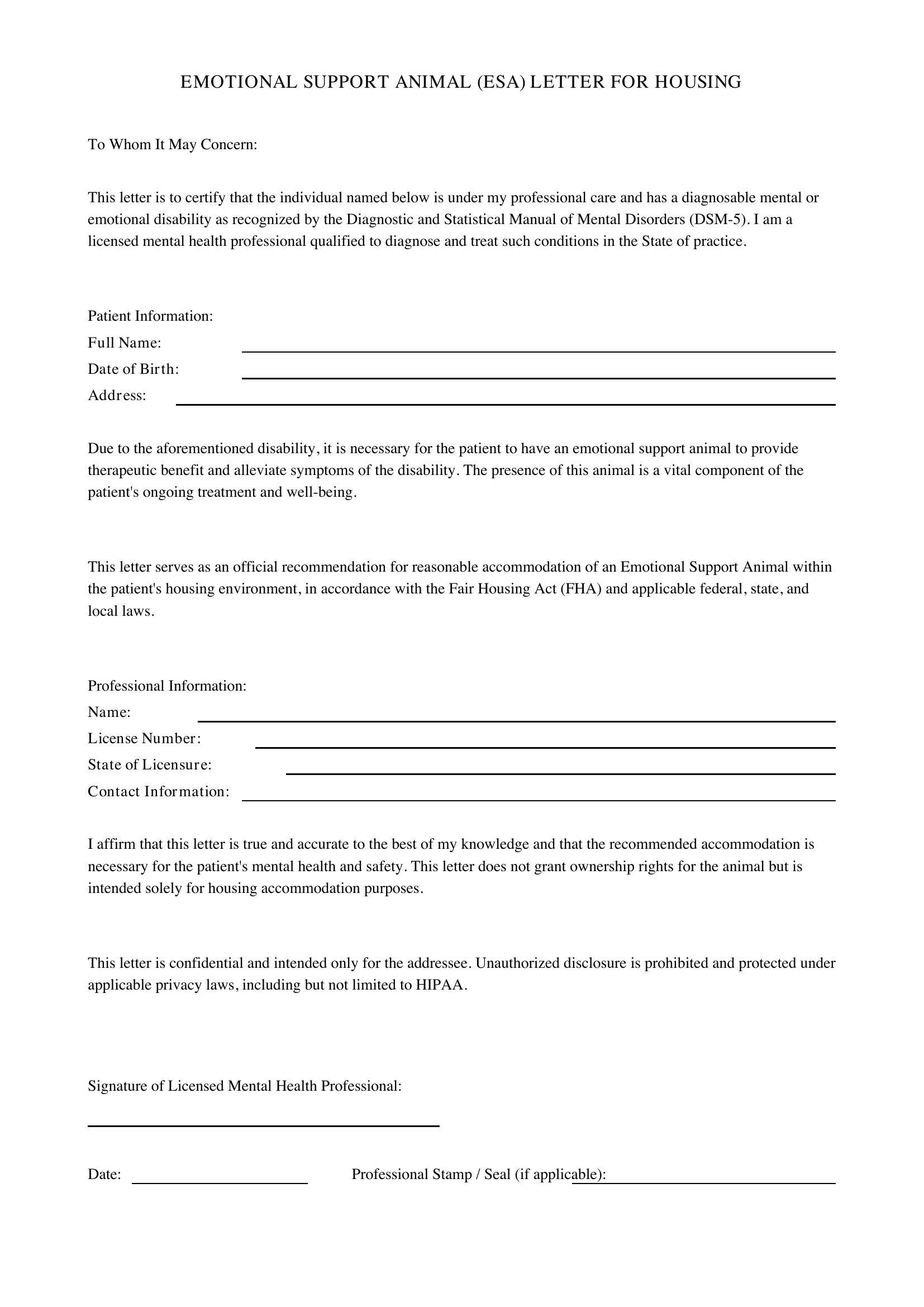 Esa Letter For Housing Template - US