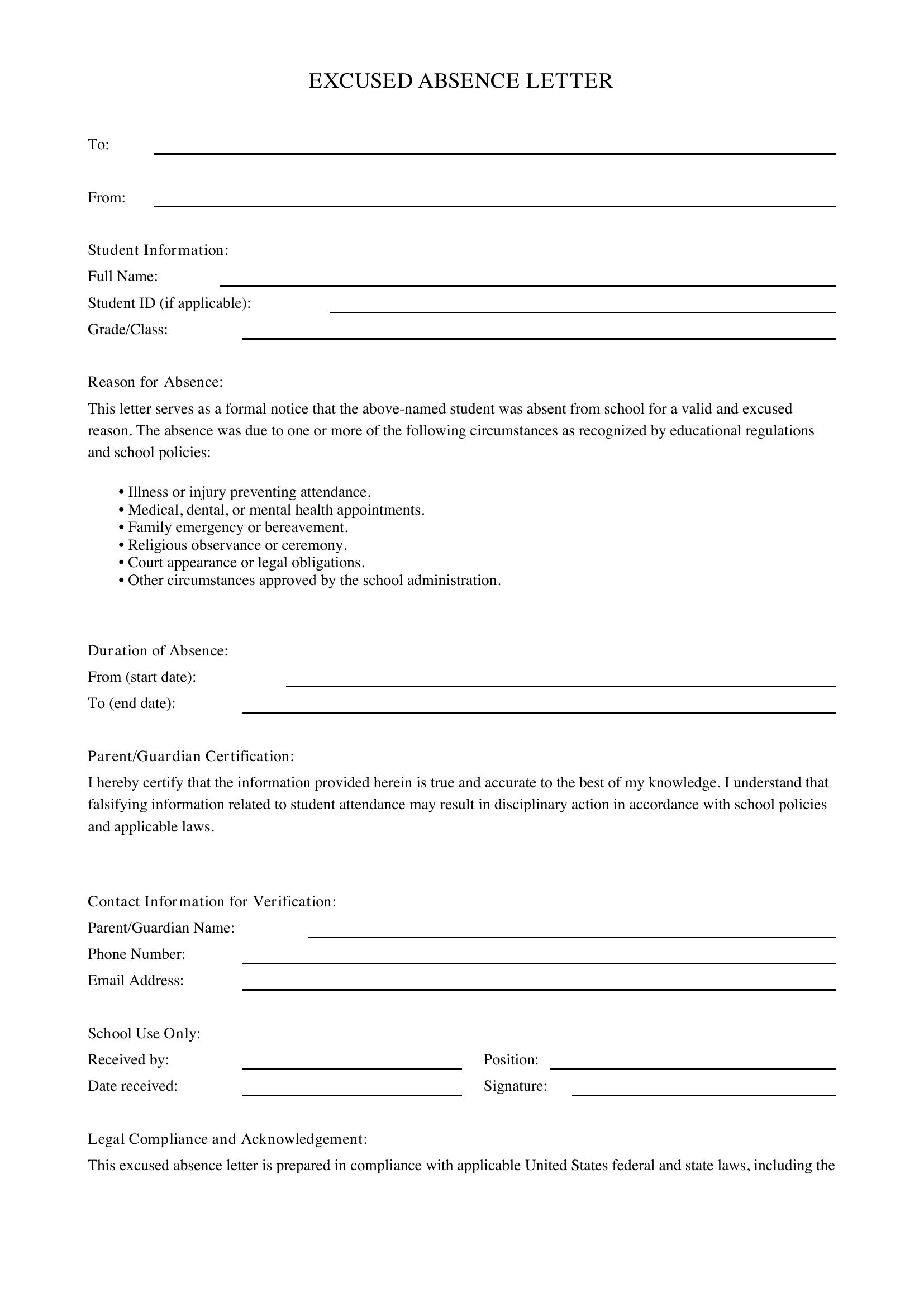 Excused Absence Letter Template - US