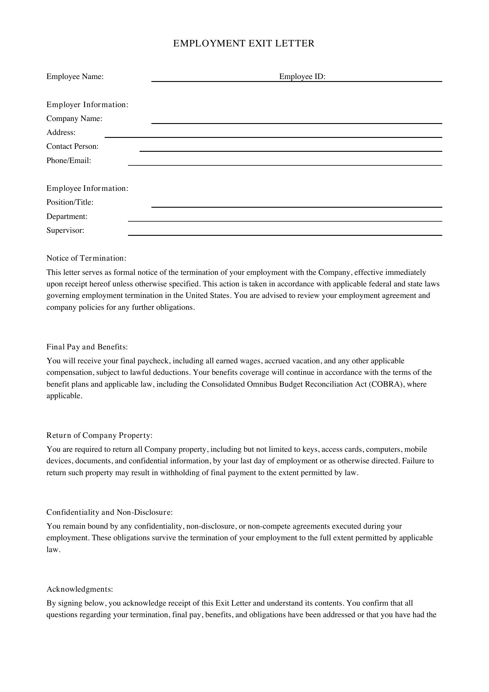 Exit Letter Template - US