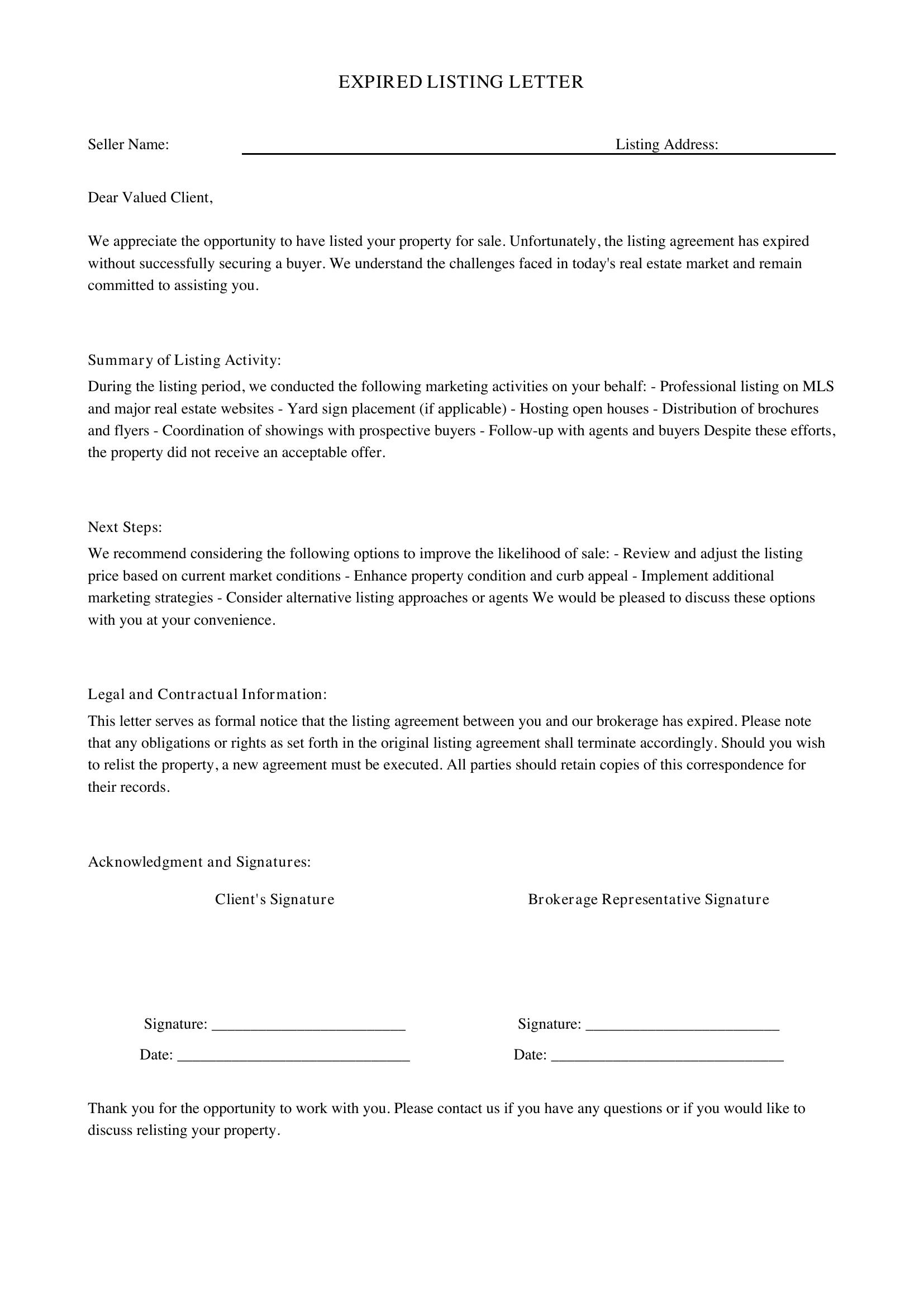 Expired Listing Letter Template - US