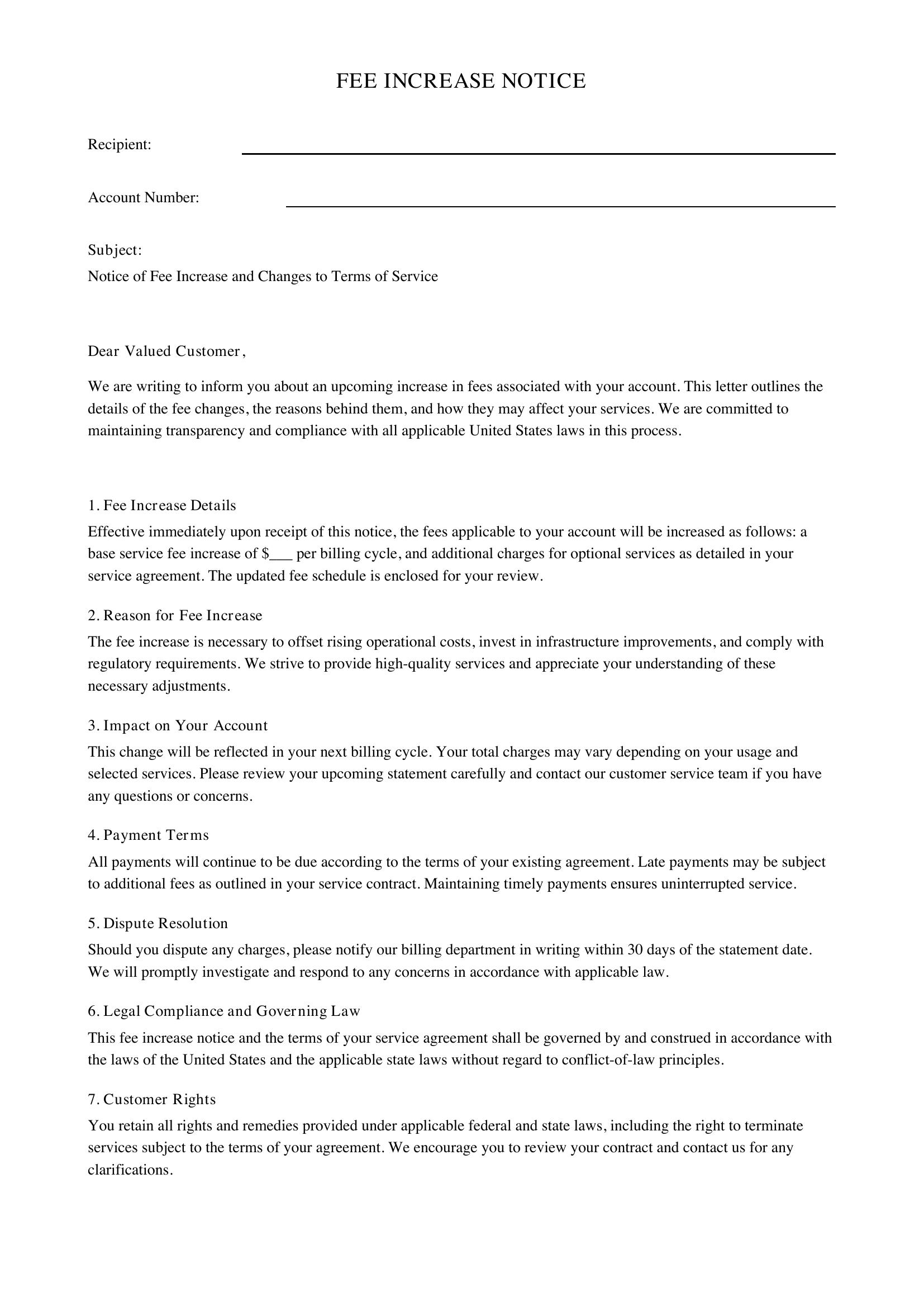 Fee Increase Letter Template - US