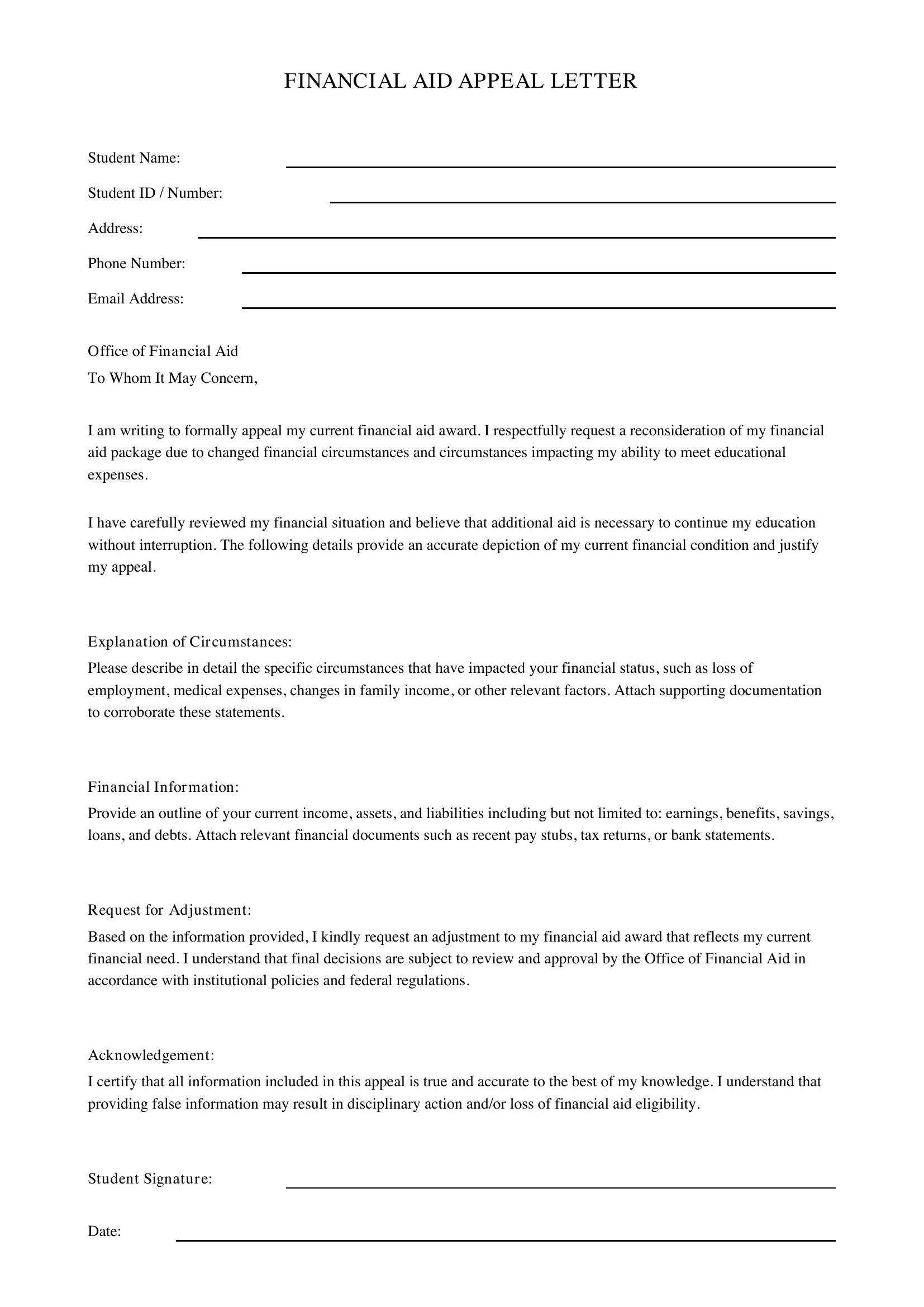 Financial Aid Appeal Letter Template - US