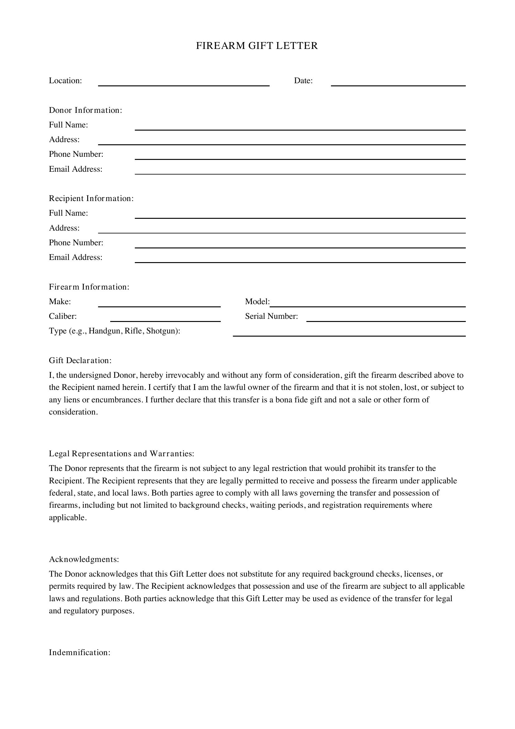 Firearm Gift Letter Template - US