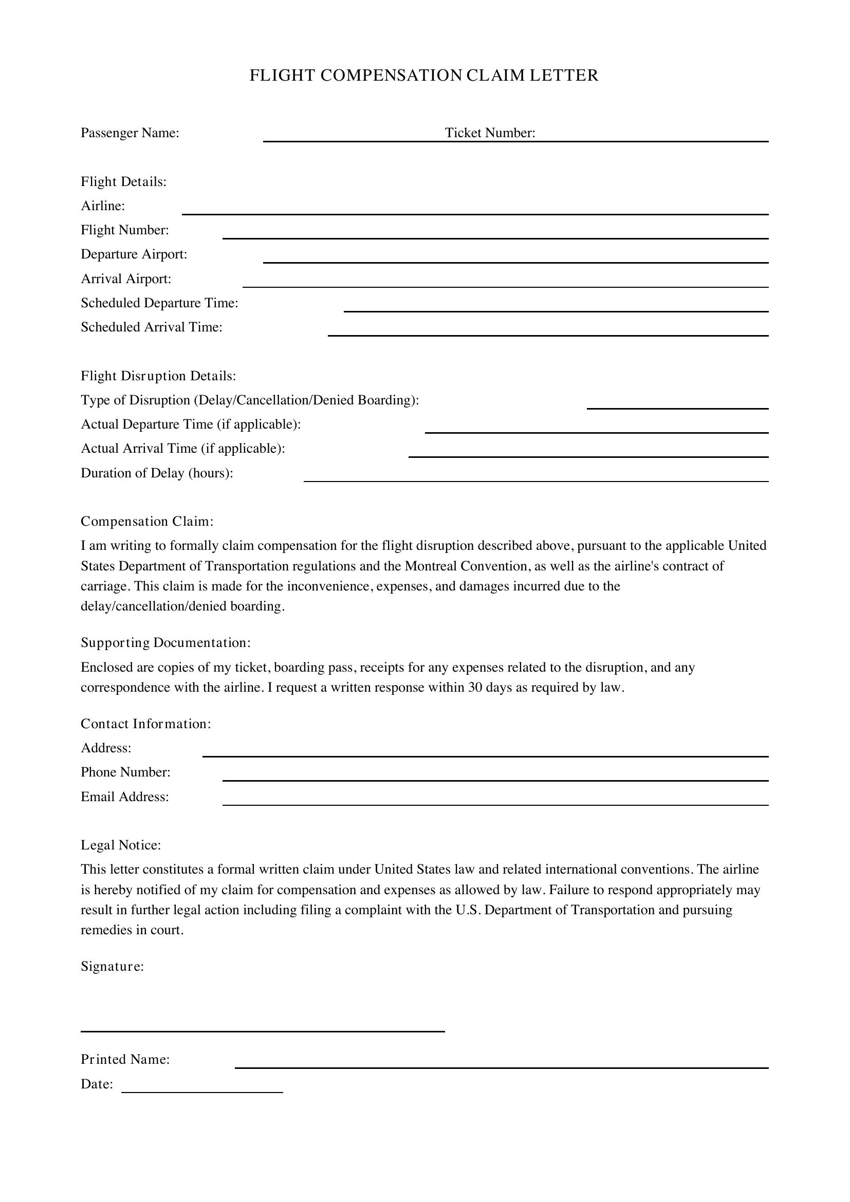 Flight Compensation Letter Template - US