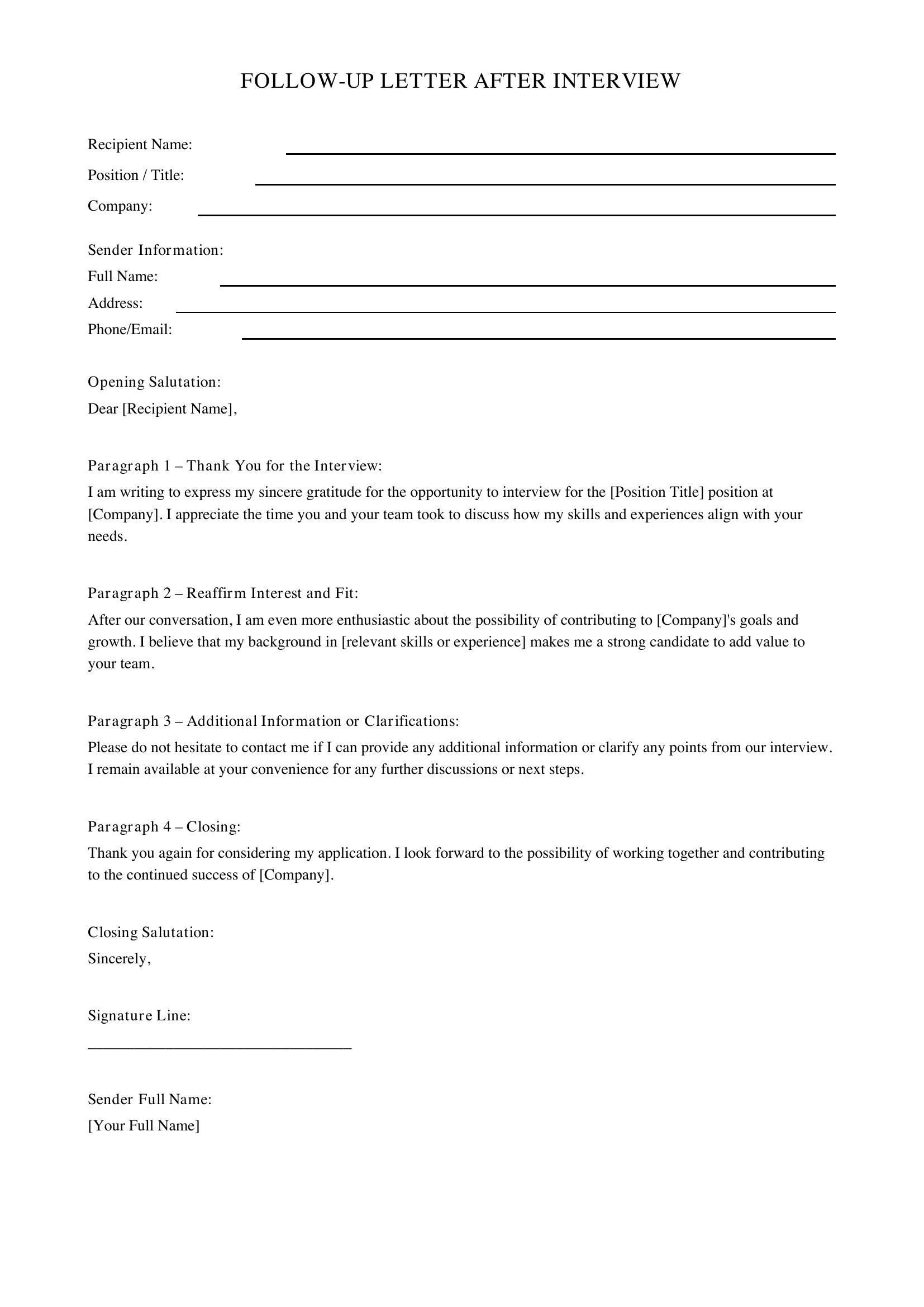 Follow Up Letter After Interview Template - US