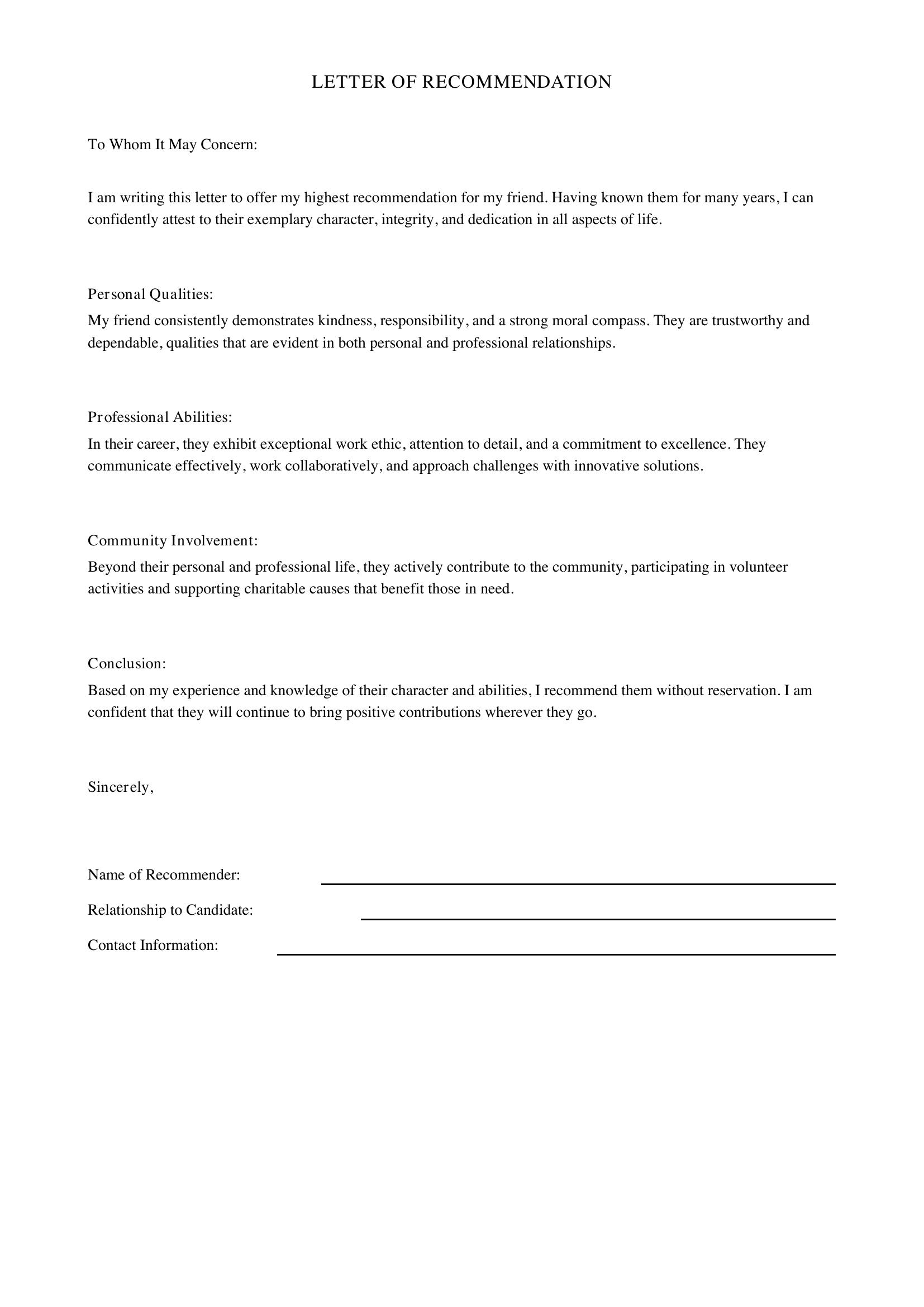 Friend Letter Of Recommendation Template - US
