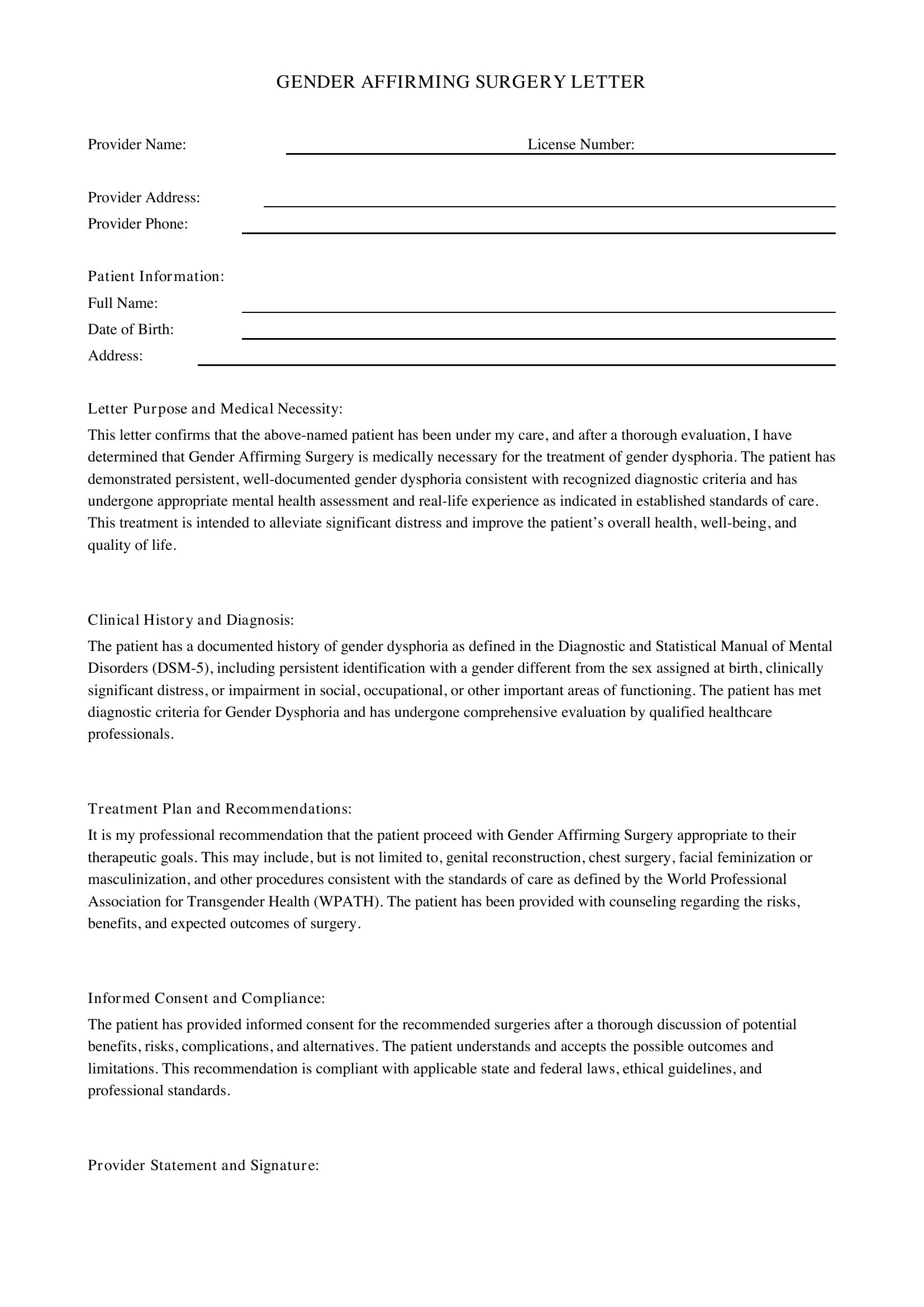 Gender Affirming Surgery Letter Template - US