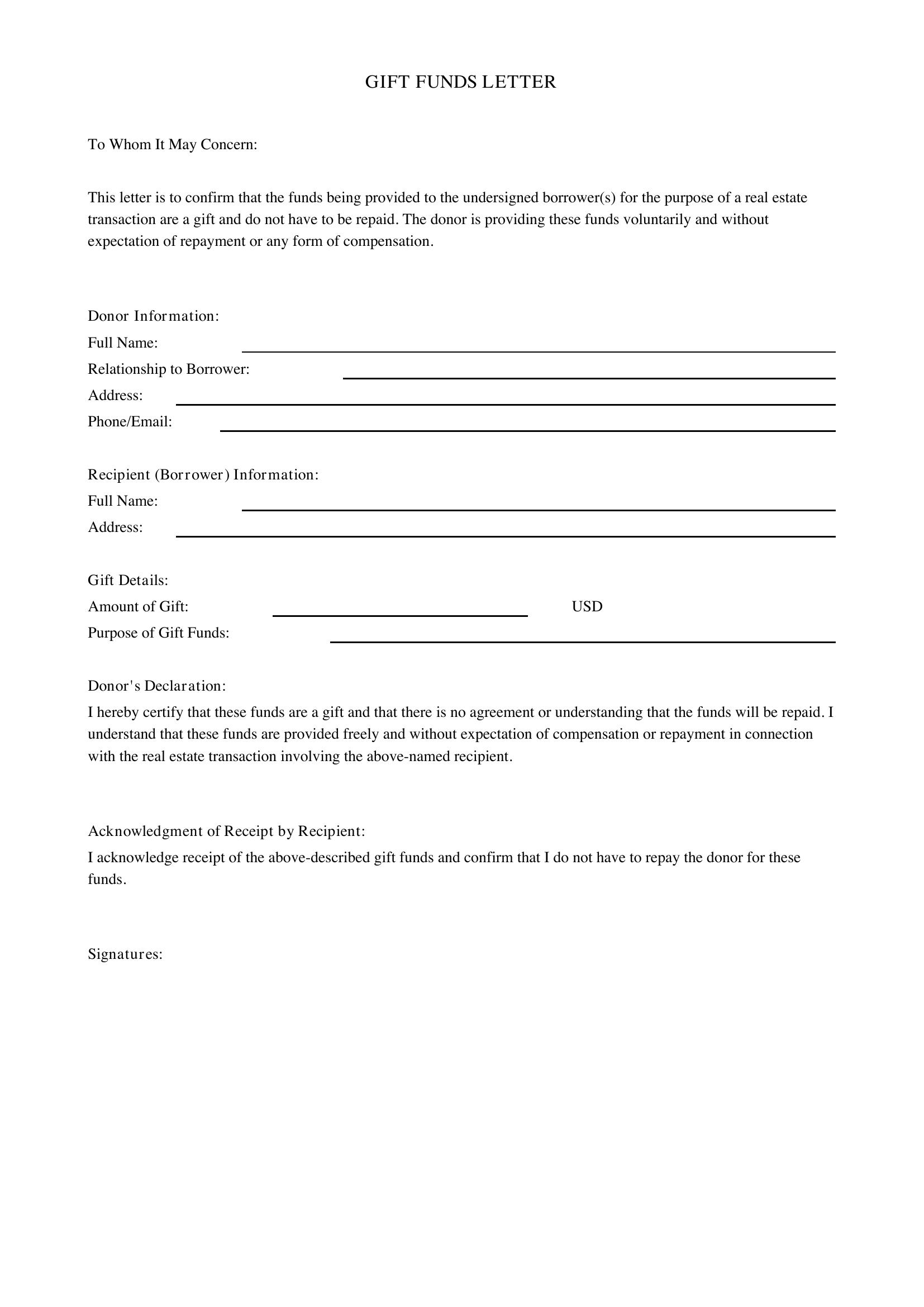 Gift Funds Letter Template - US