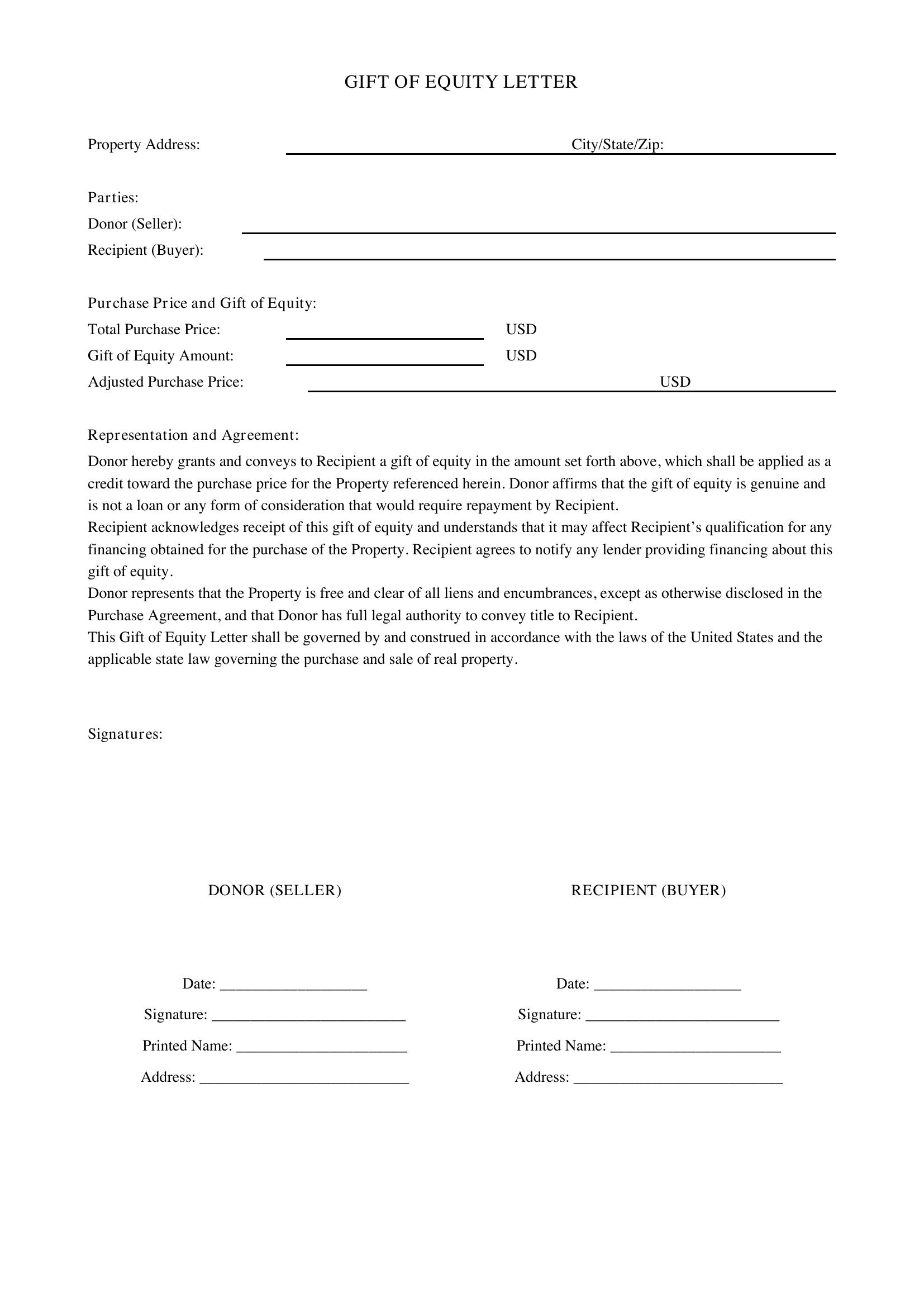 Gift Of Equity Letter Template - US