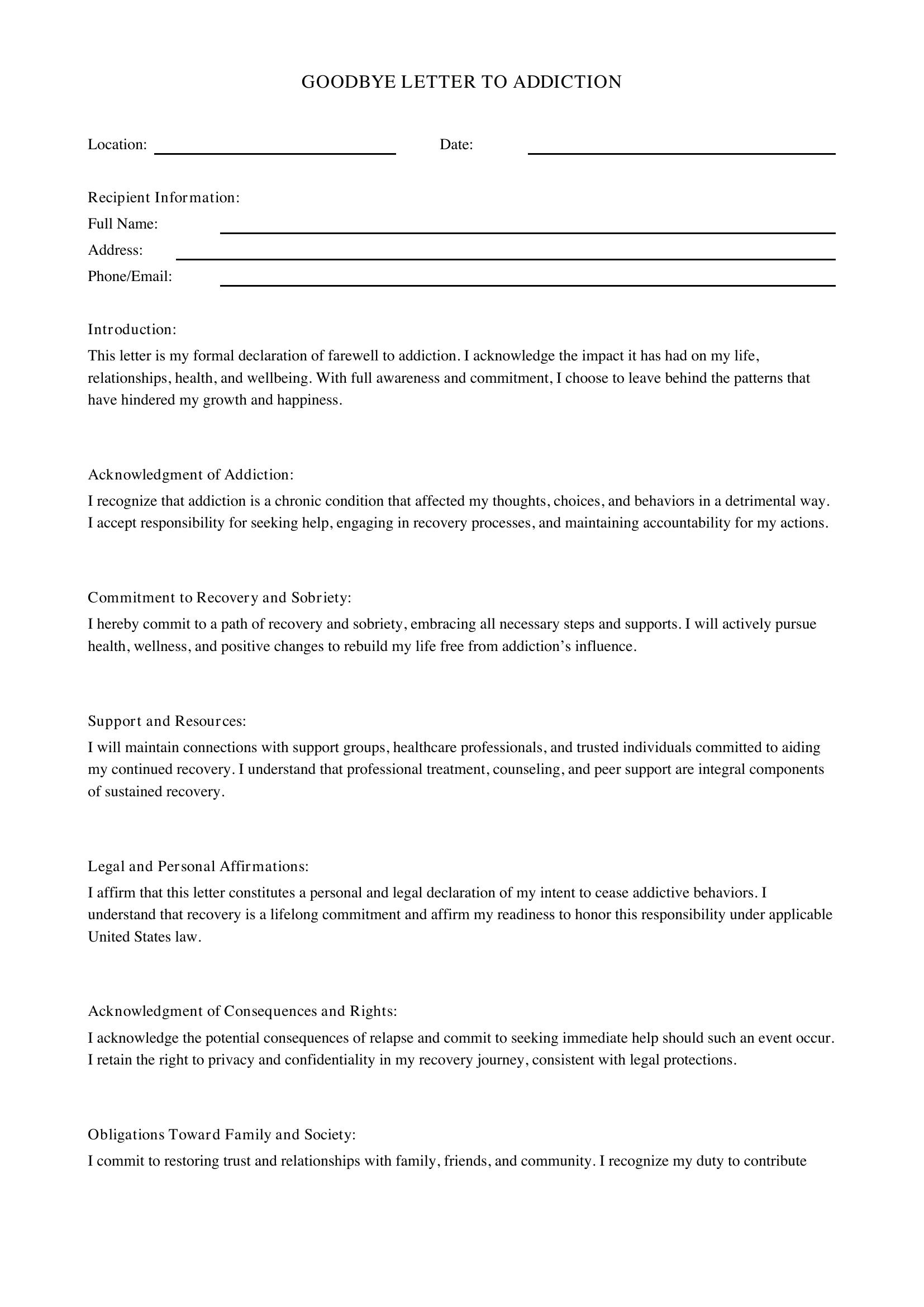 Goodbye Letter To Addiction Template - US