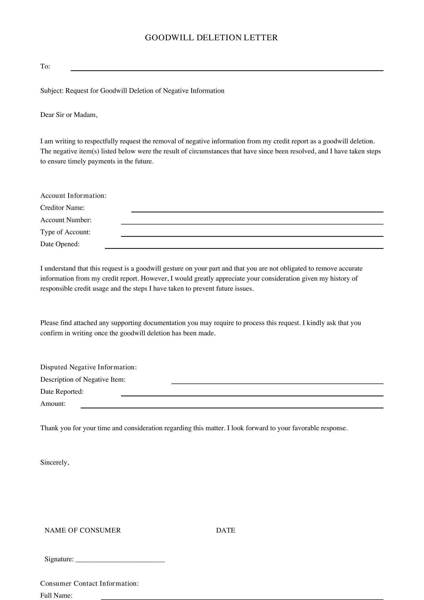 Goodwill Deletion Letter Template - US