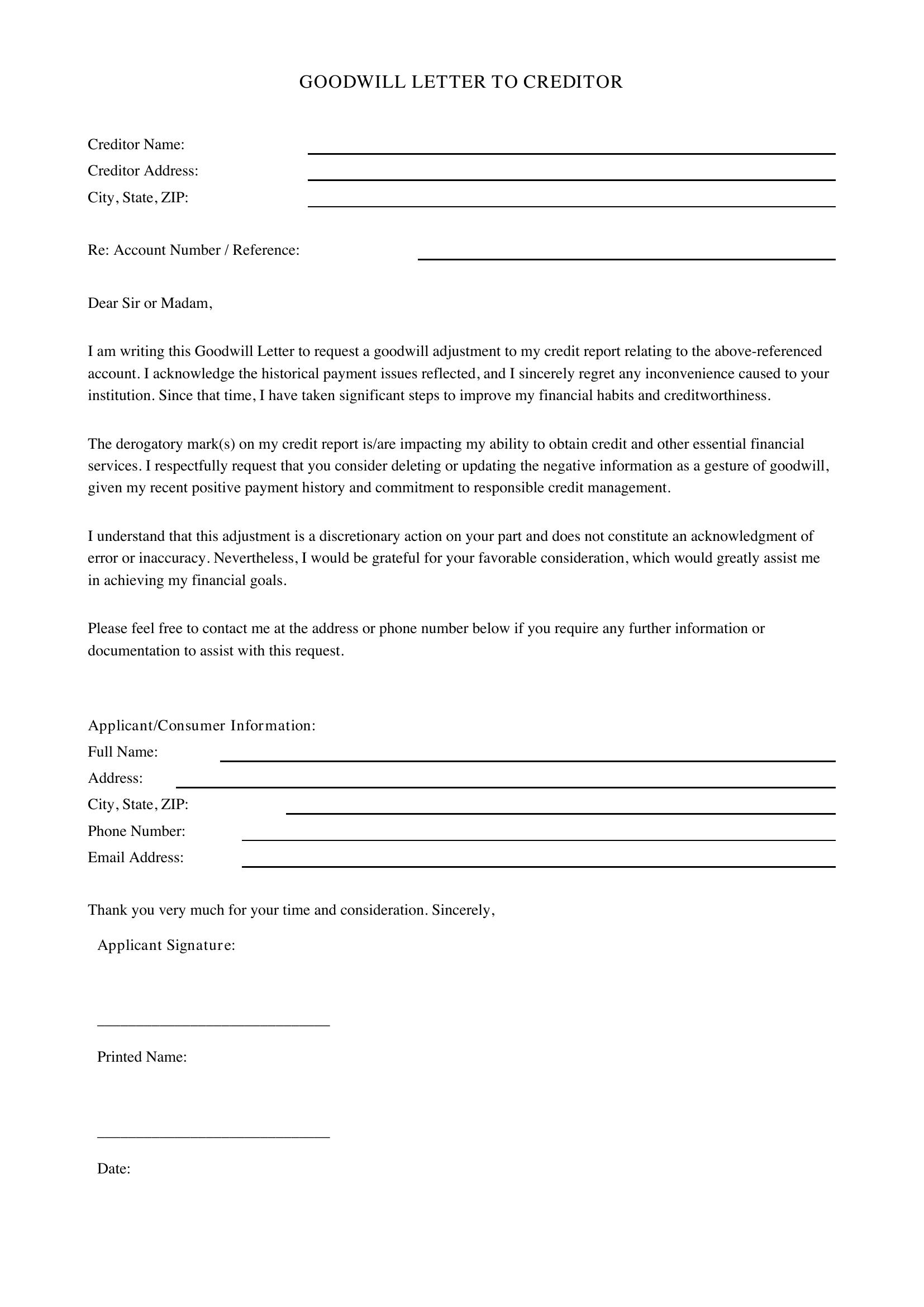 Goodwill Letter To Creditor Template - US