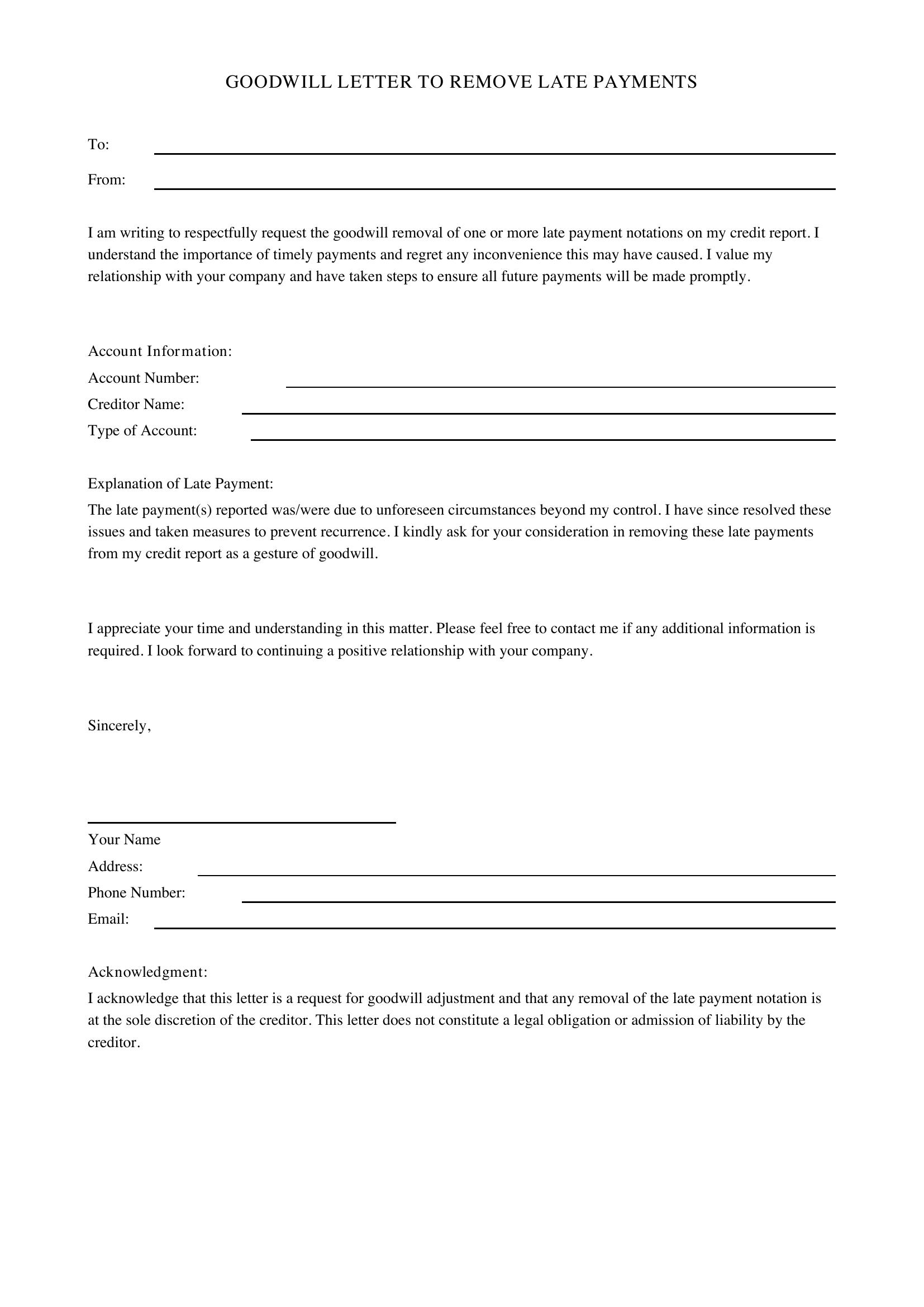 Goodwill Letter To Remove Late Payments Template - US