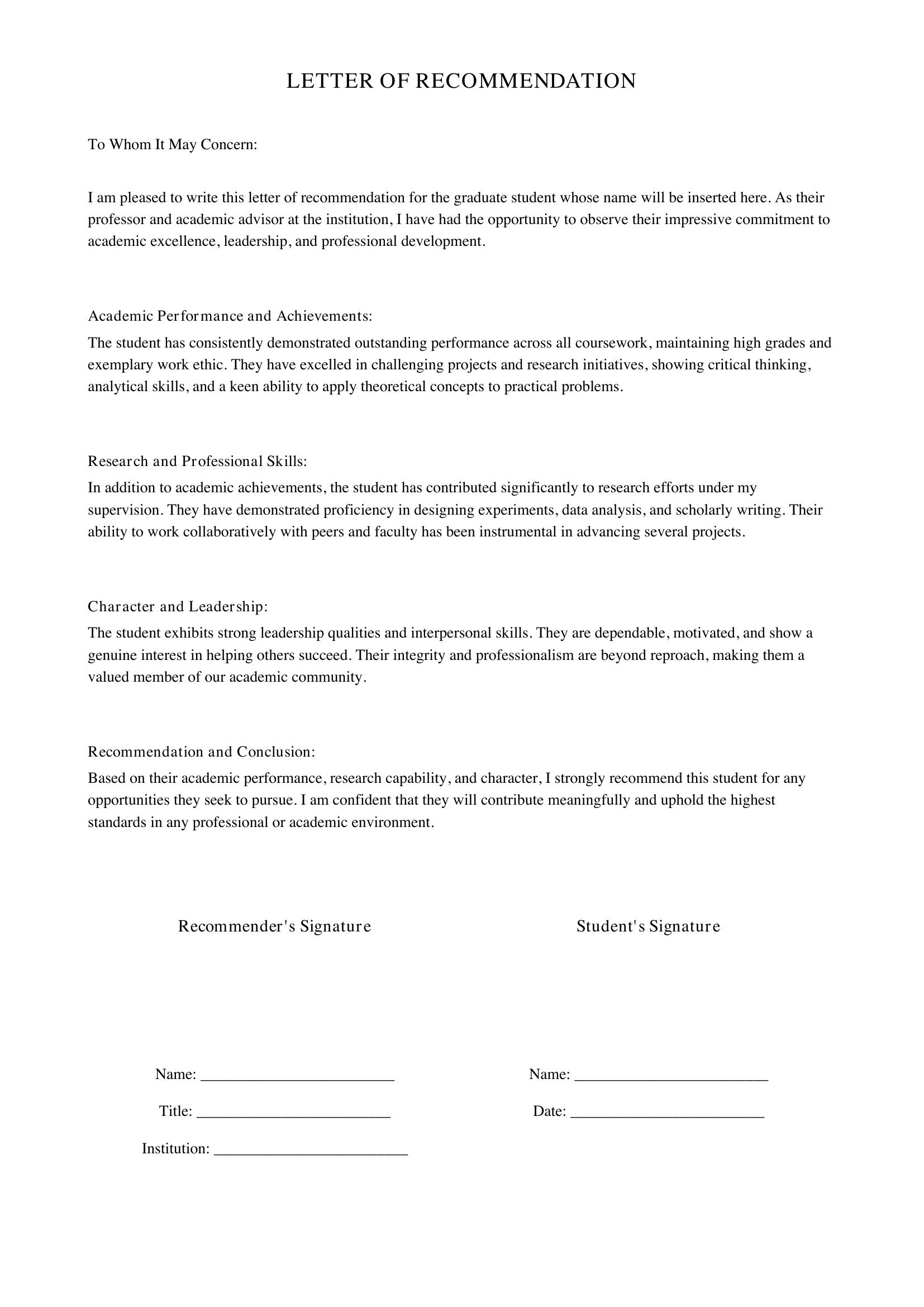 Graduate Letter Of Recommendation Template - US