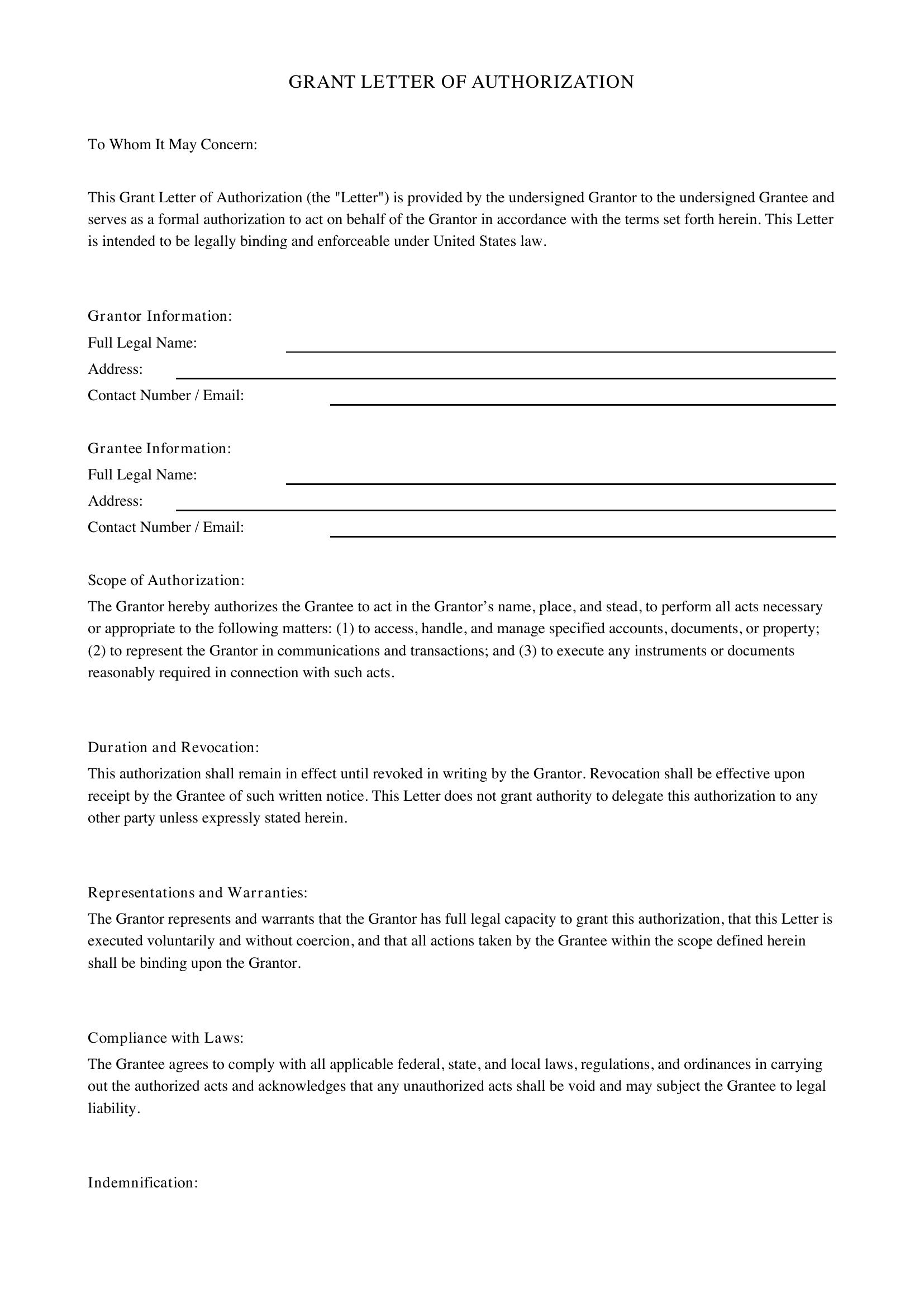 Grant Letter Template - US