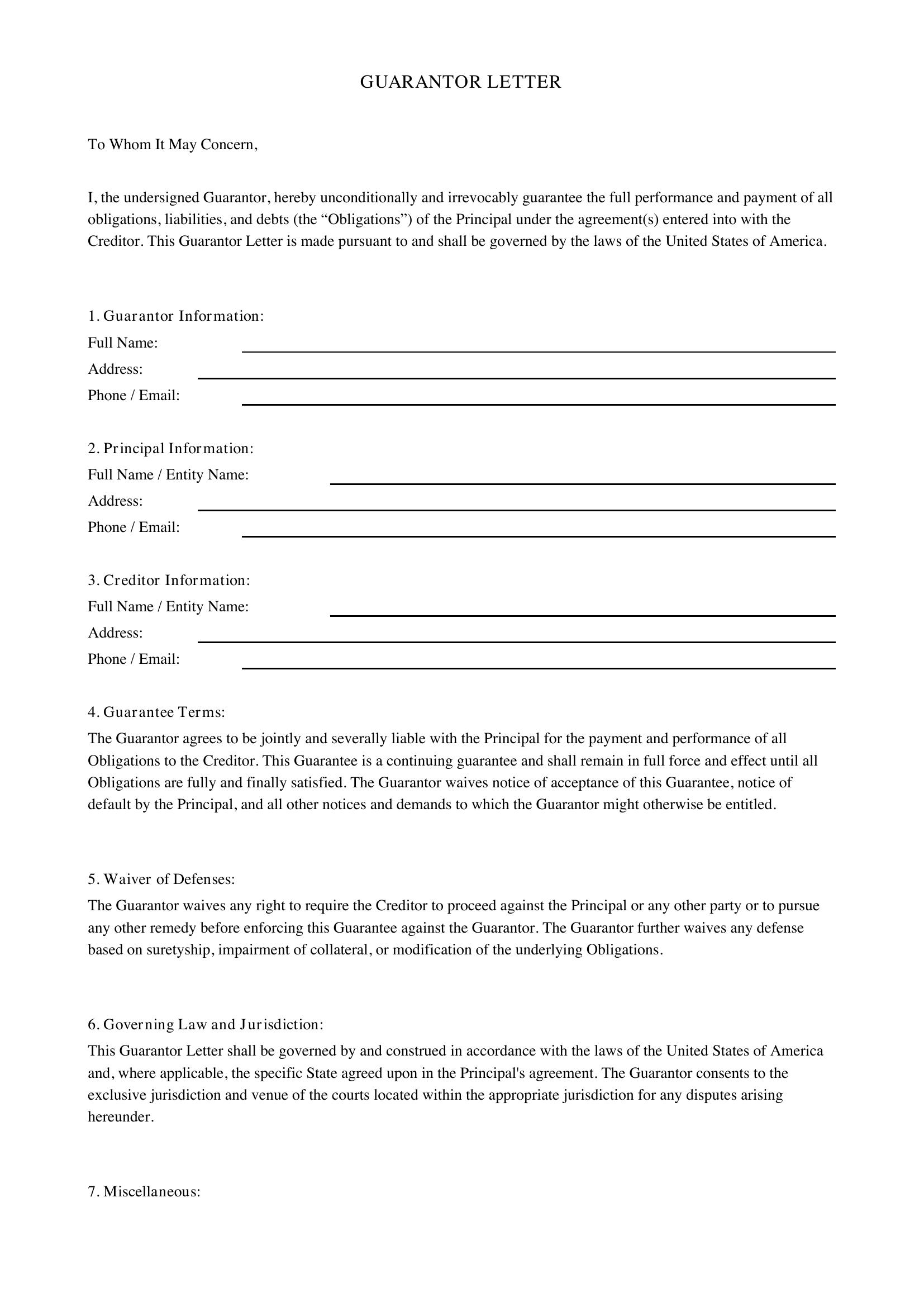 Guarantor Letter Template - US