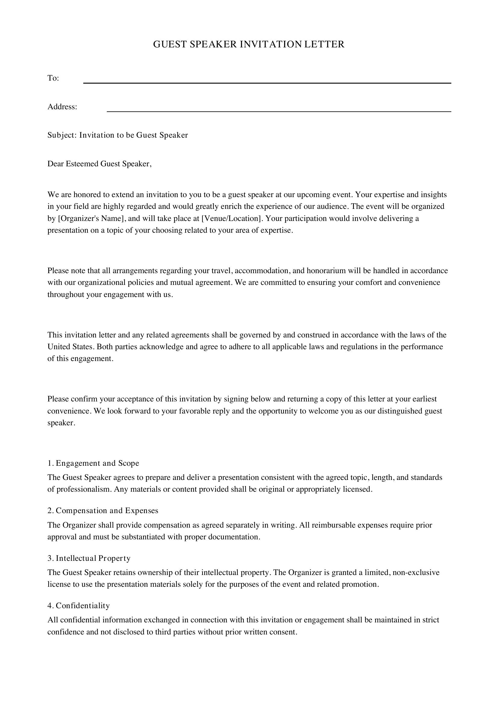 Guest Speaker Invitation Letter Template - US