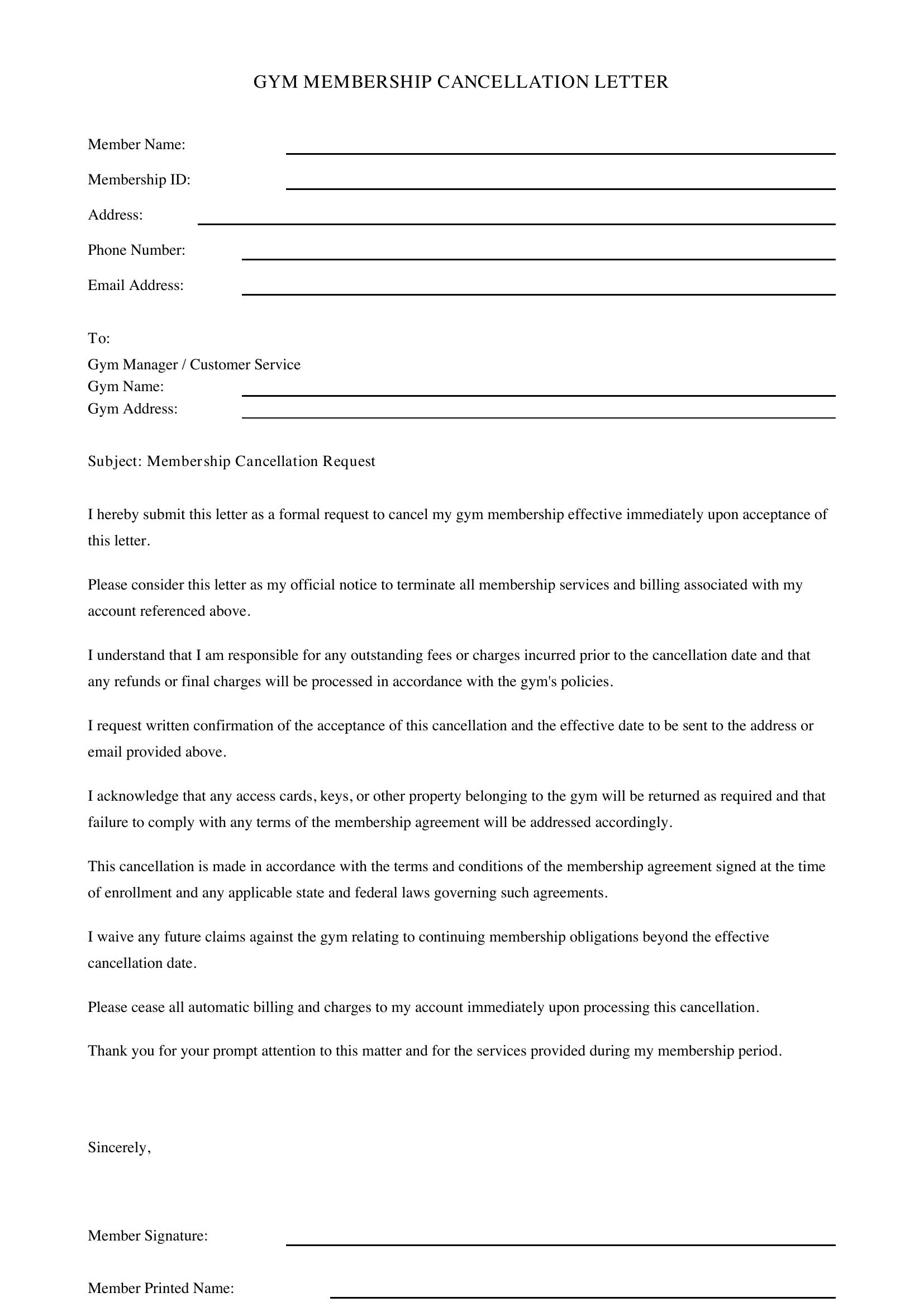 Gym Membership Cancellation Letter Template - US