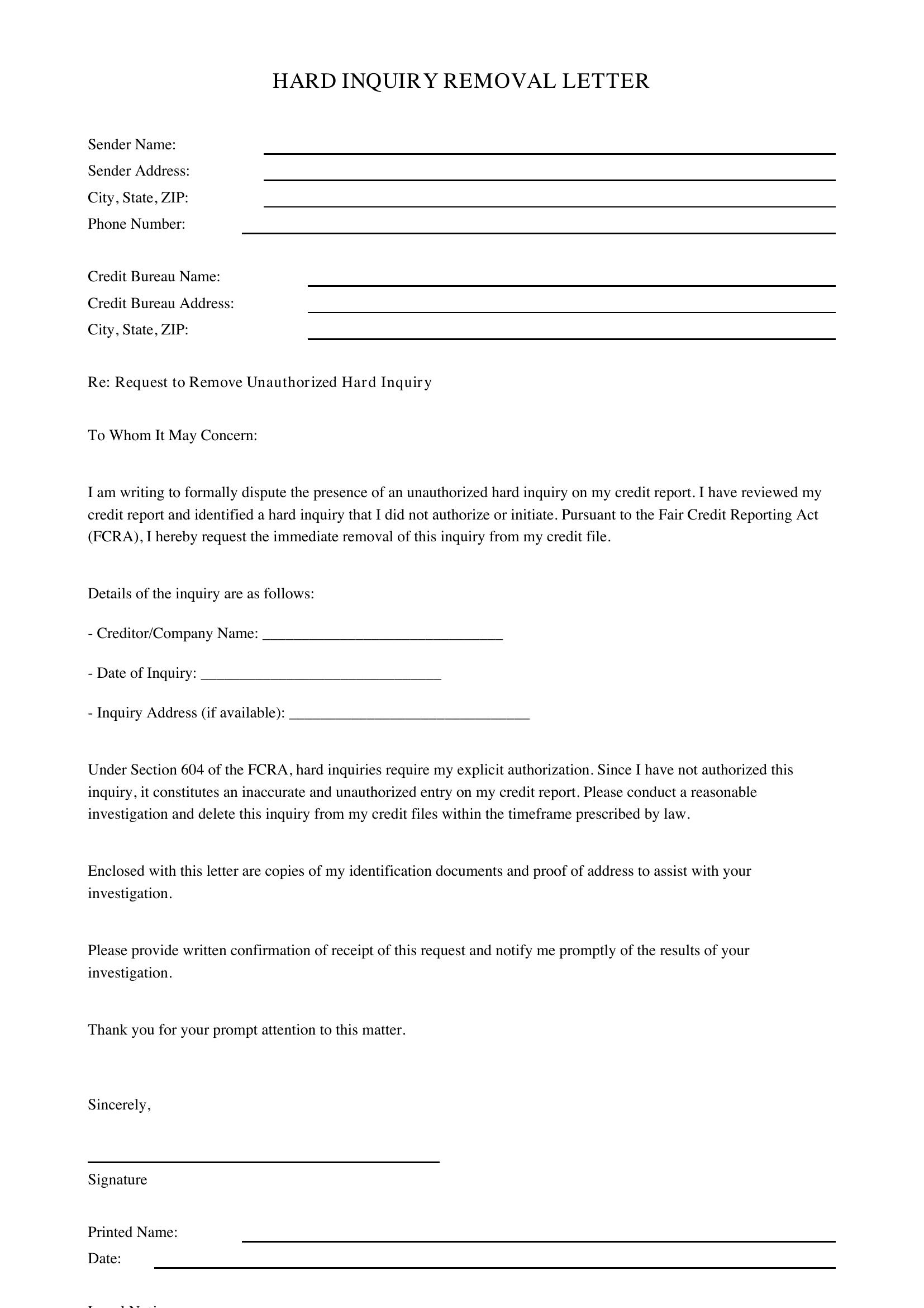 Hard Inquiry Removal Letter Template - US