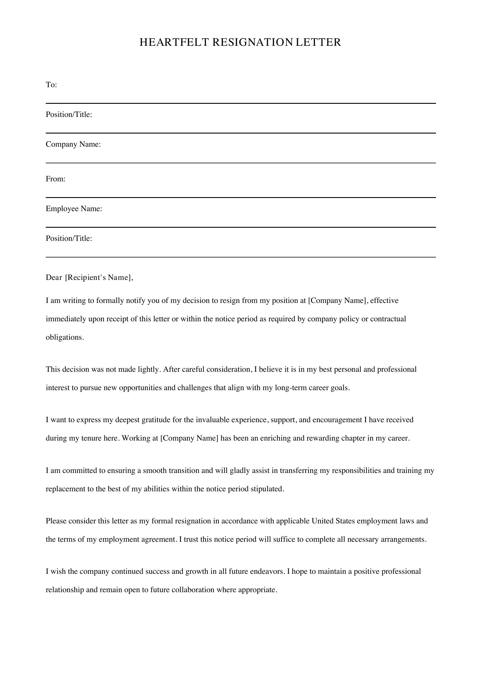 Heartfelt Resignation Letter Template - US
