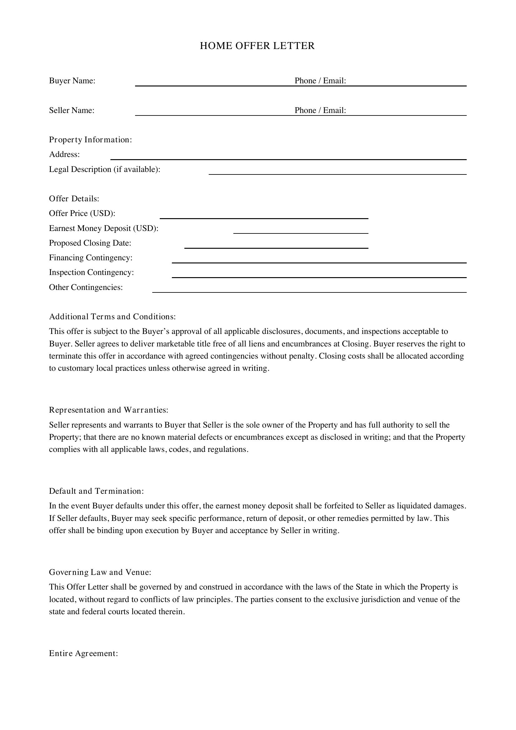 Home Offer Letter Template - US