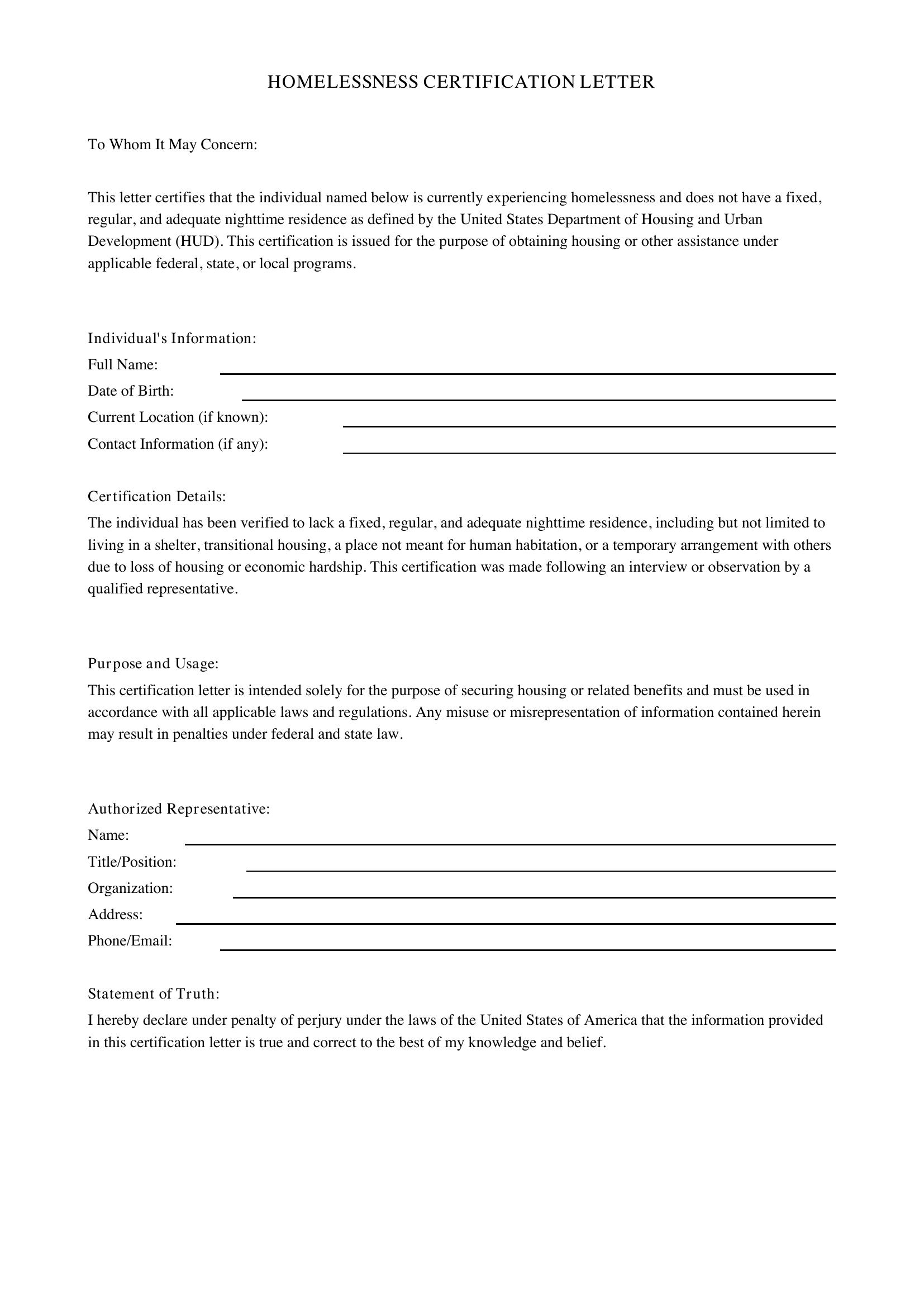 Homelessness Homeless Letter Template - US
