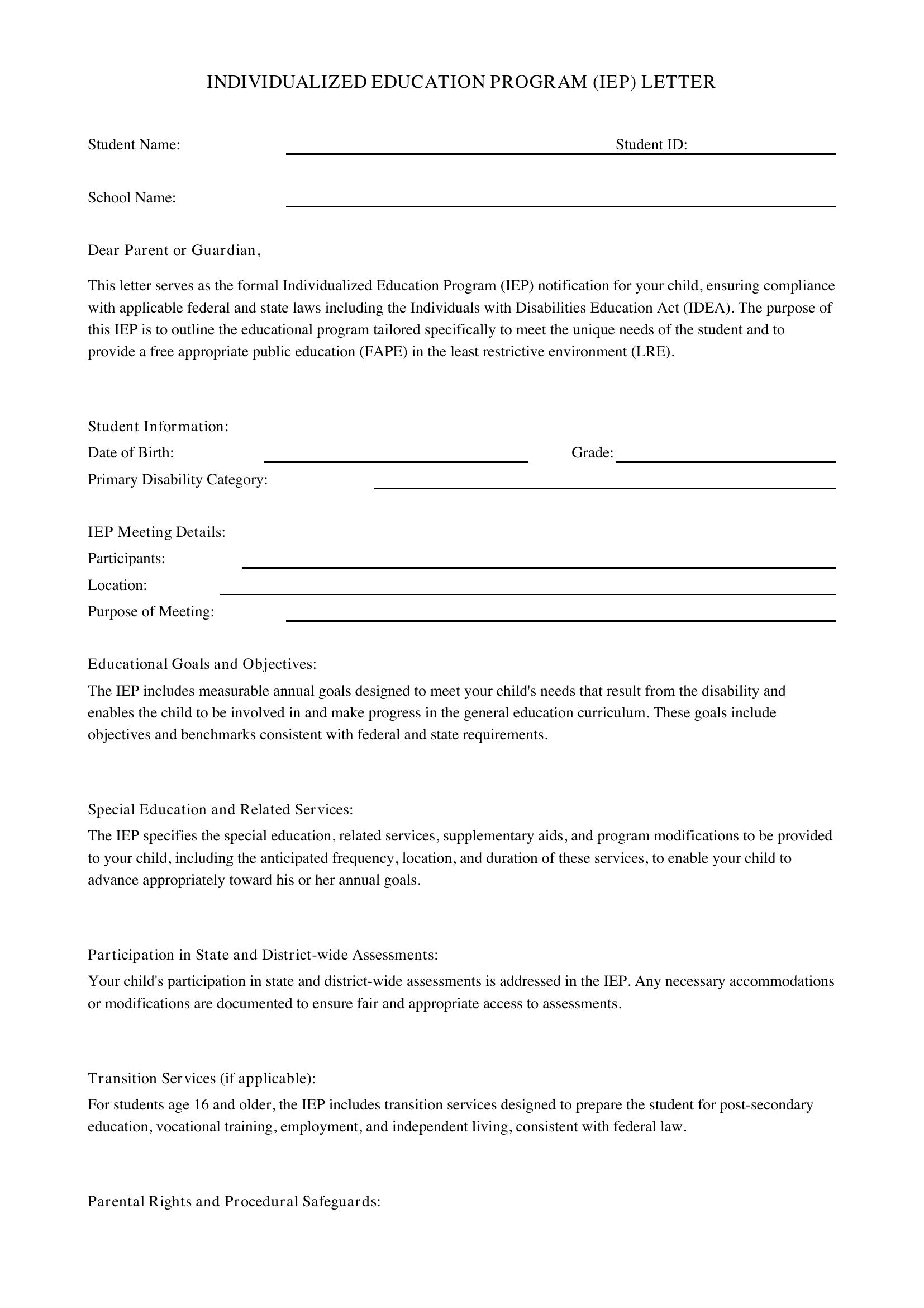 Iep Letter Template - US