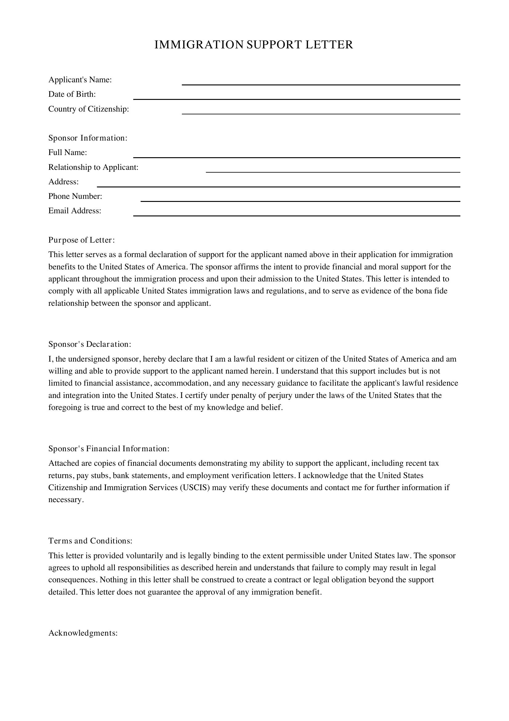 Immigration Letter Template - US