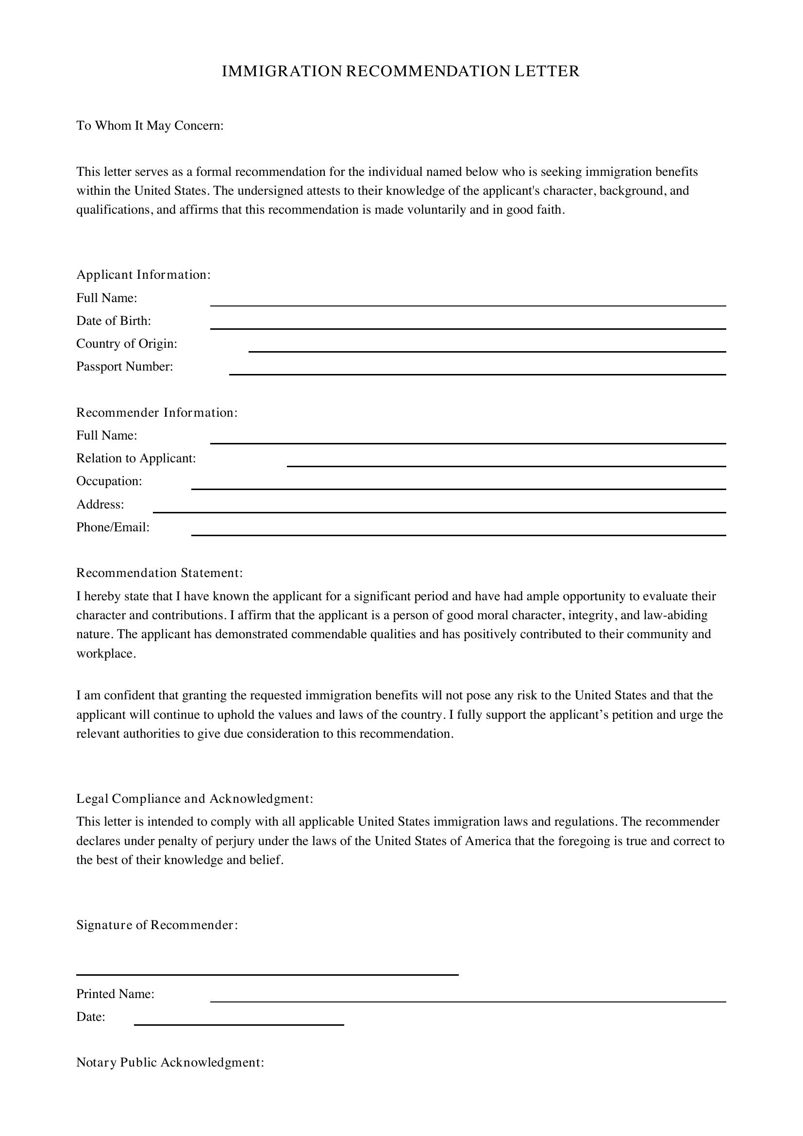 Immigration Recommendation Letter Template - US