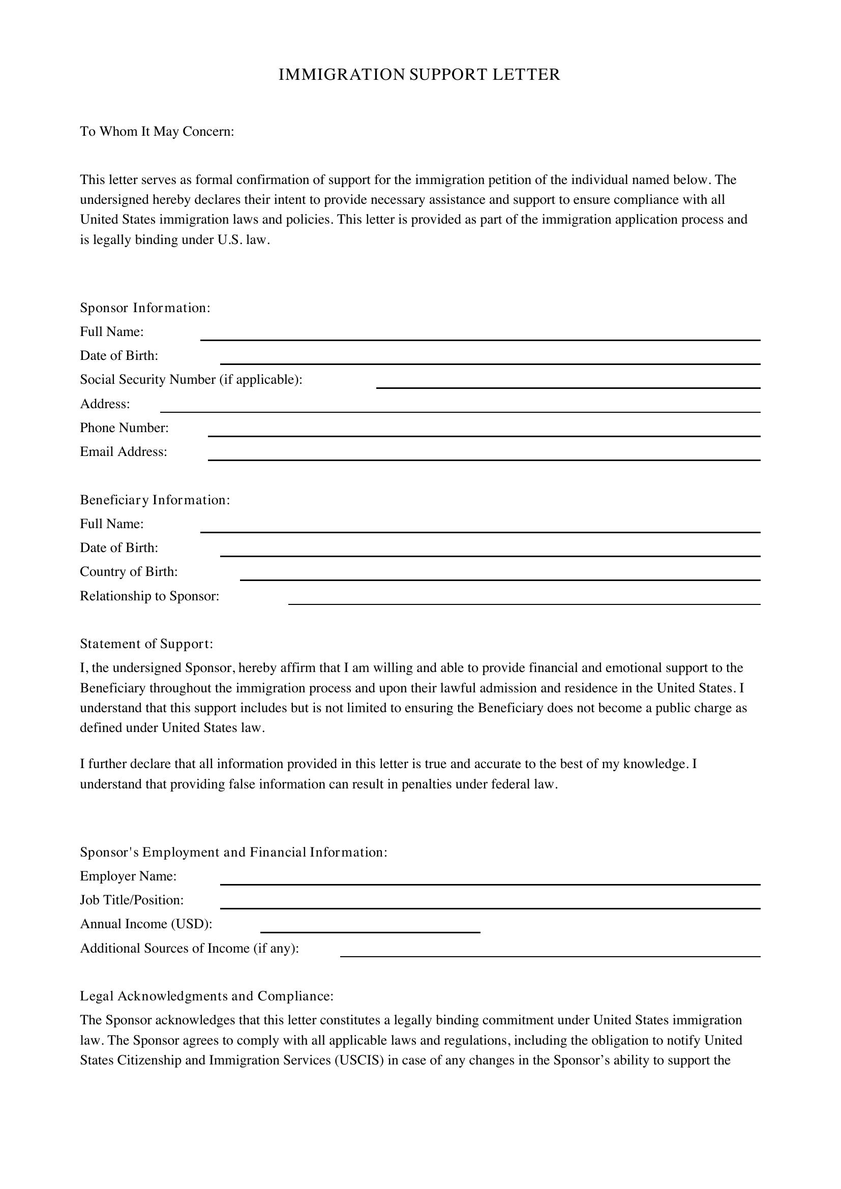 Immigration Support Letter Template - US