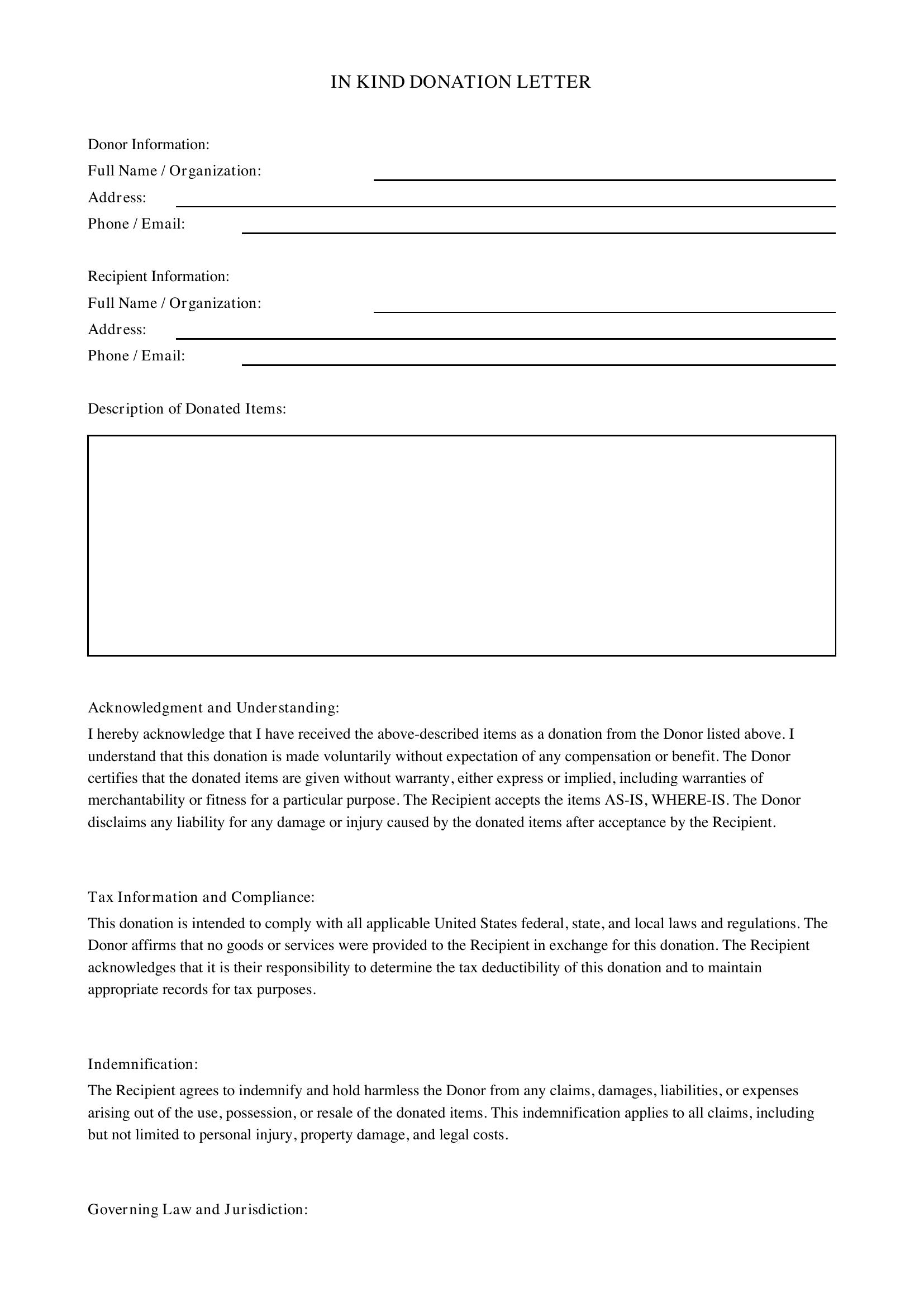 In Kind Donation Letter Template - US