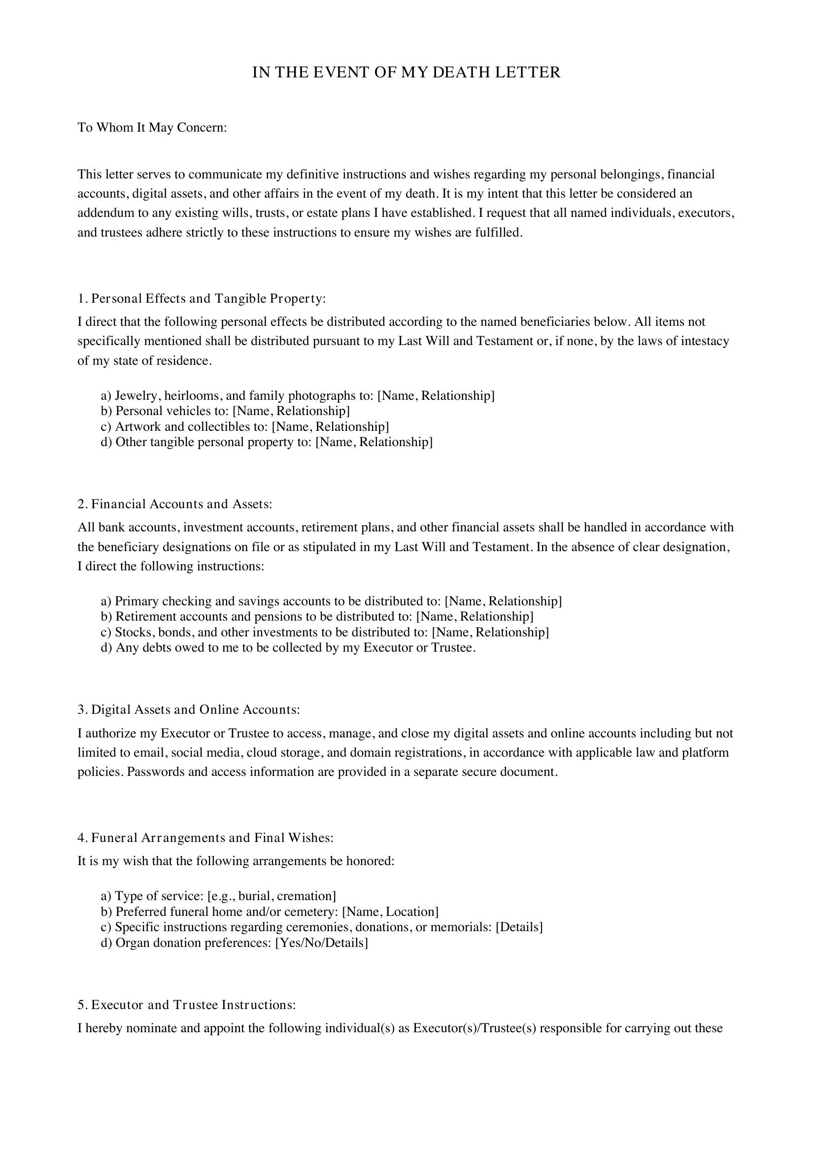 In The Event Of My Death Letter Template - US