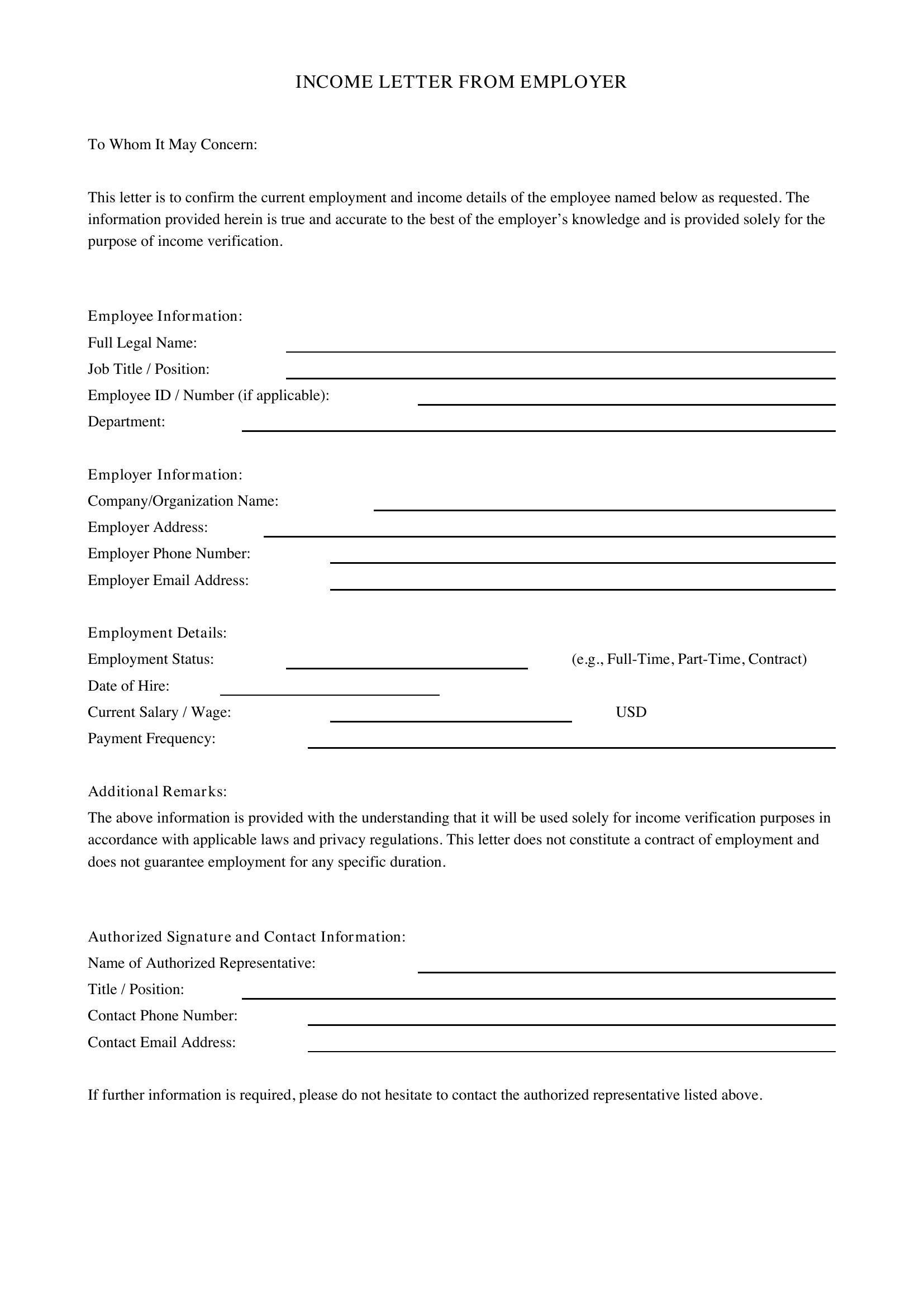 Income Letter From Employer Template - US