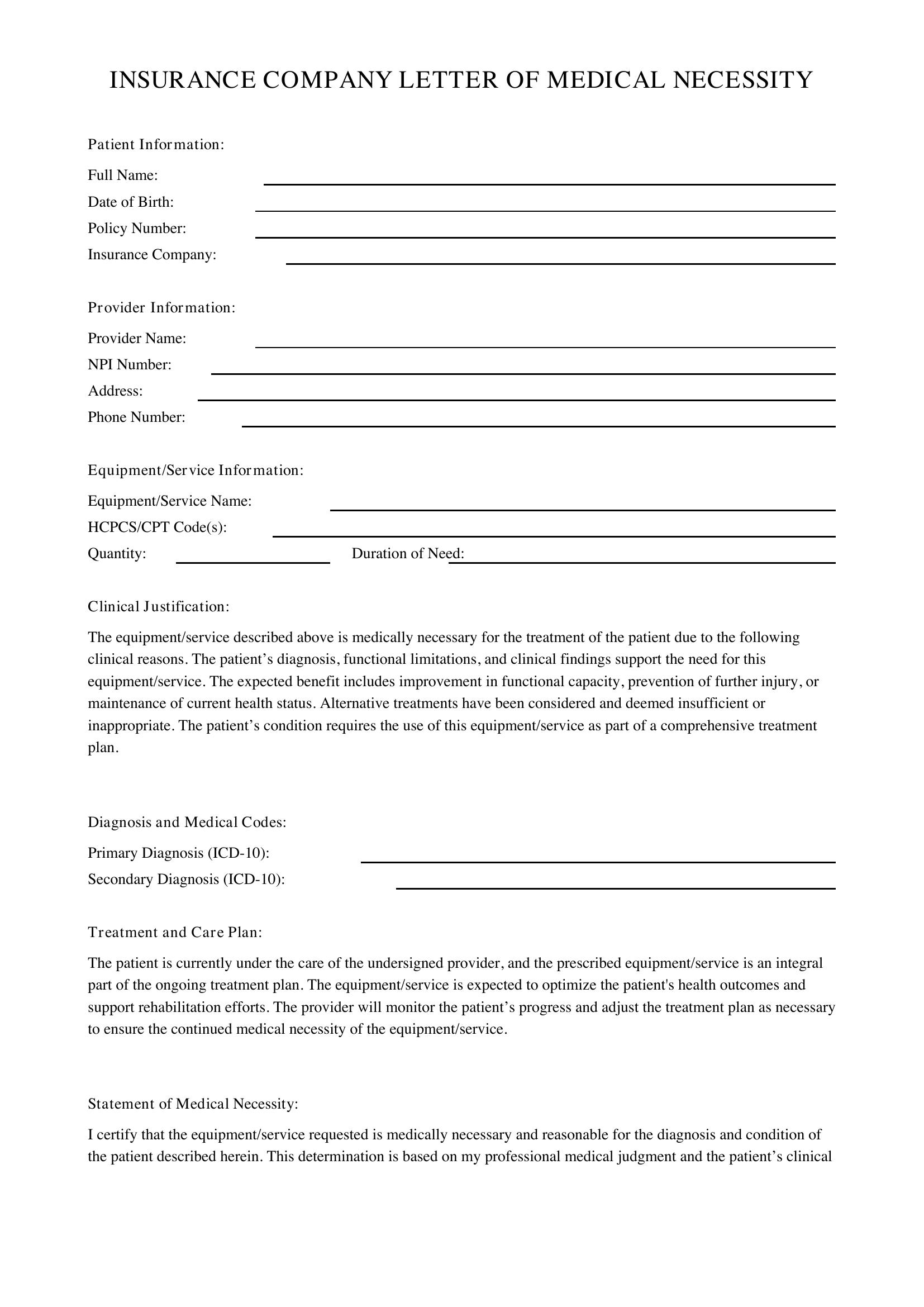 Insurance Company Letter Of Medical Necessity Template - US