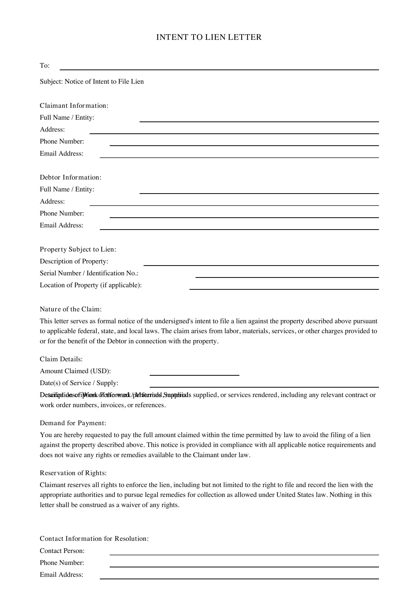 Intent To Lien Letter Template - US