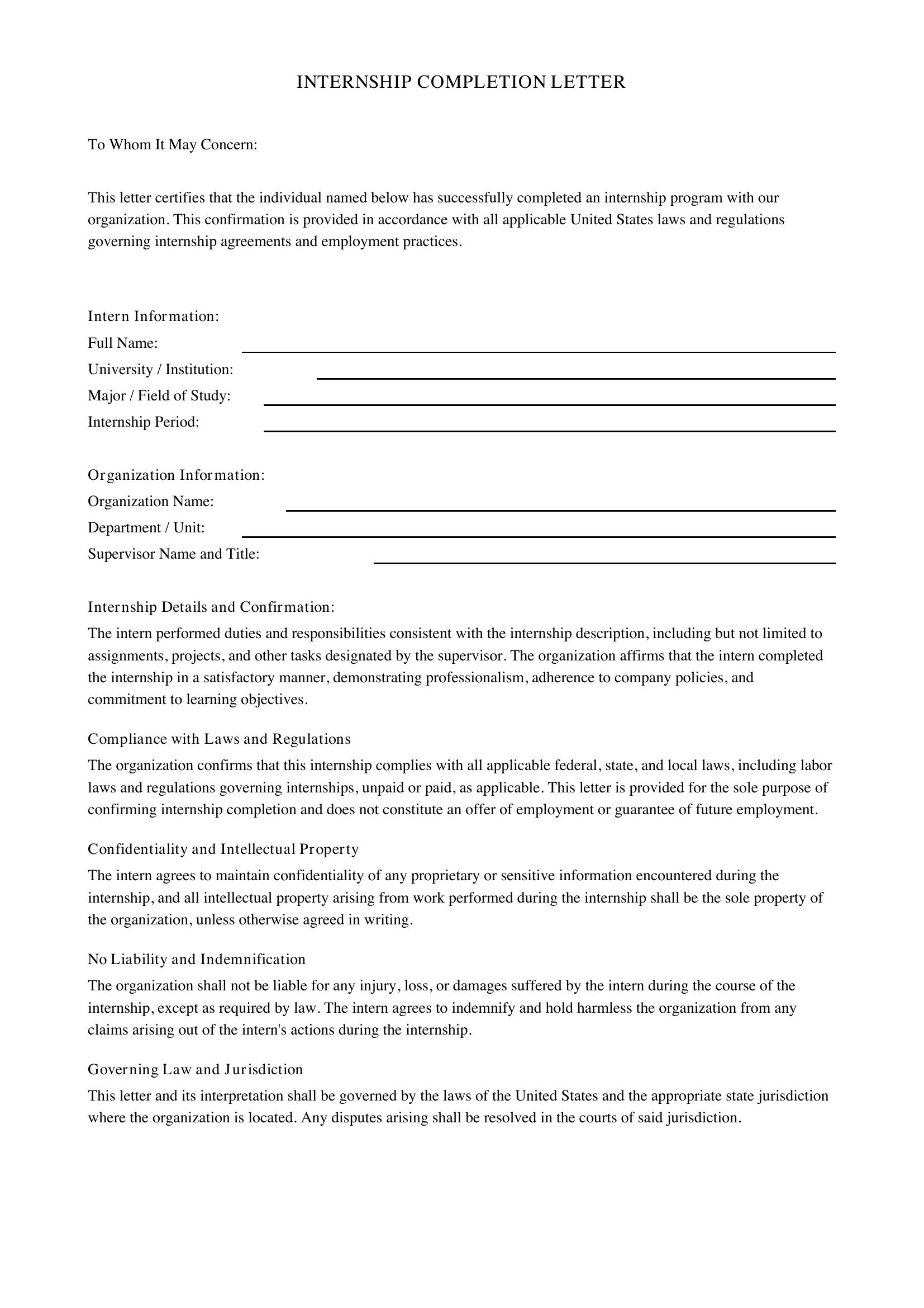 Internship Completion Letter Template - US