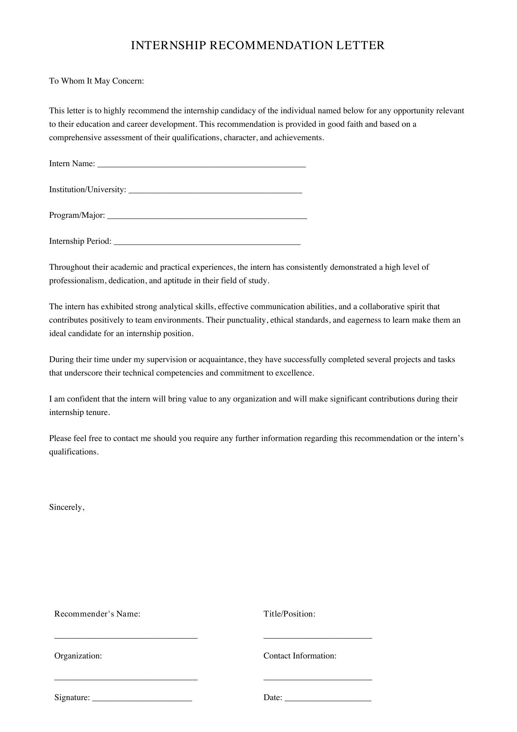 Internship Recommendation Letter Template - US
