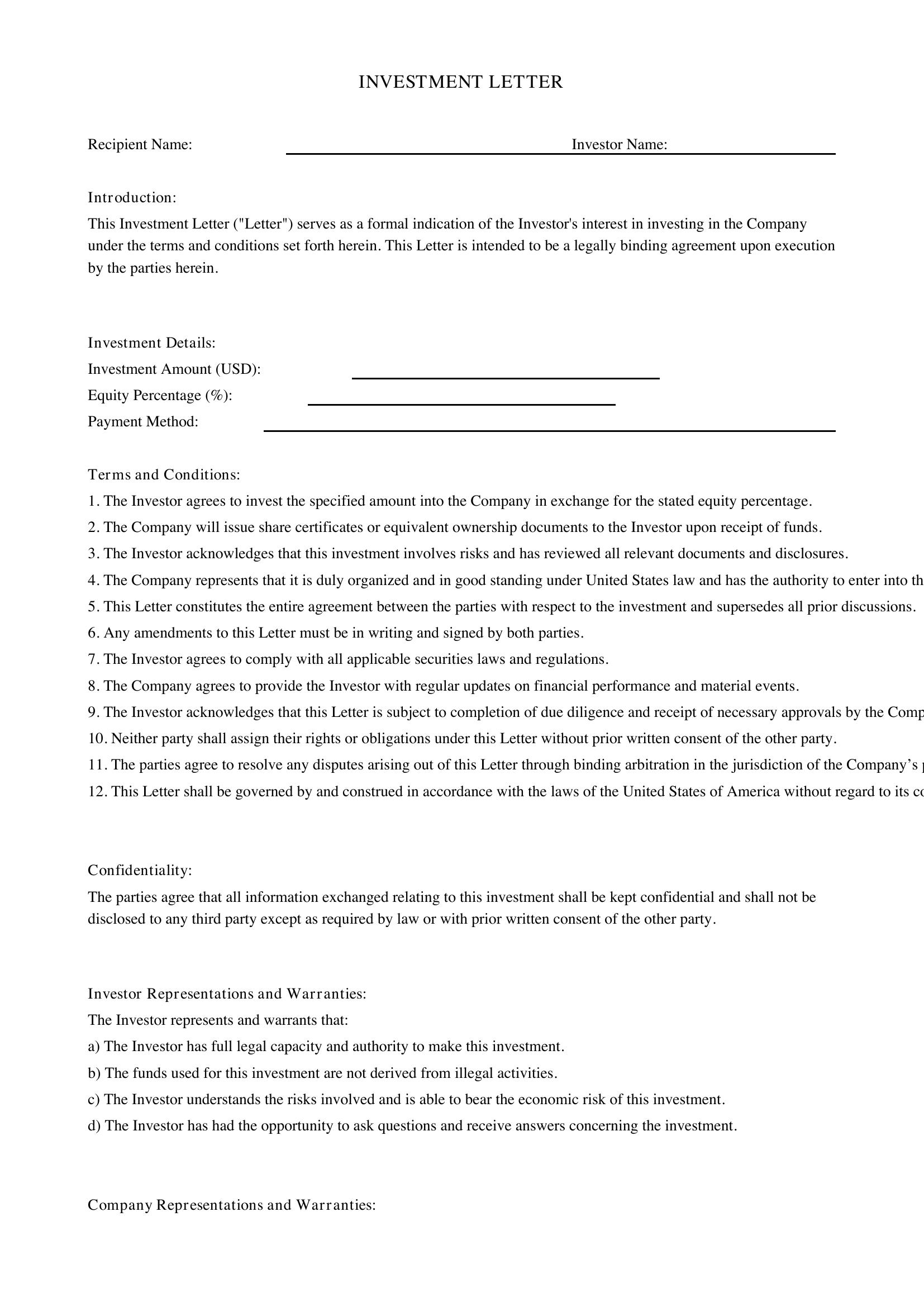 Investment Letter Template - US
