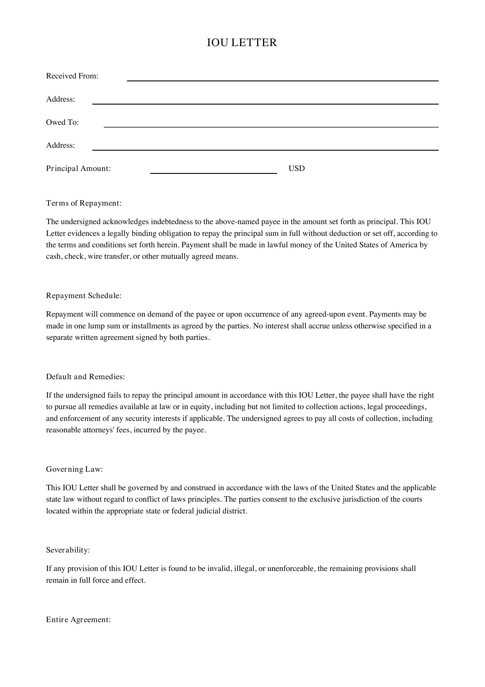 Iou Letter Template - US