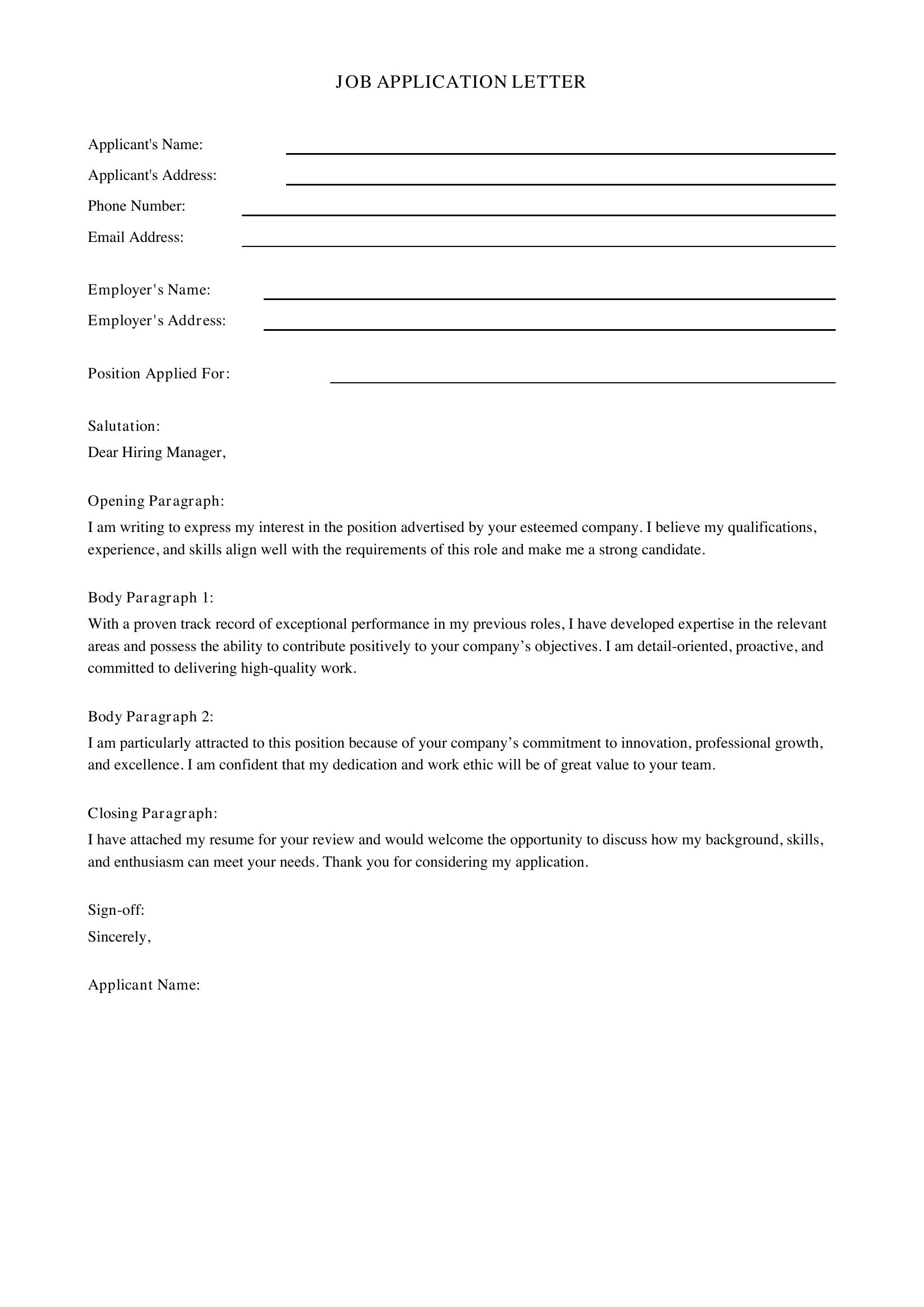 Job Application Letter Template - US