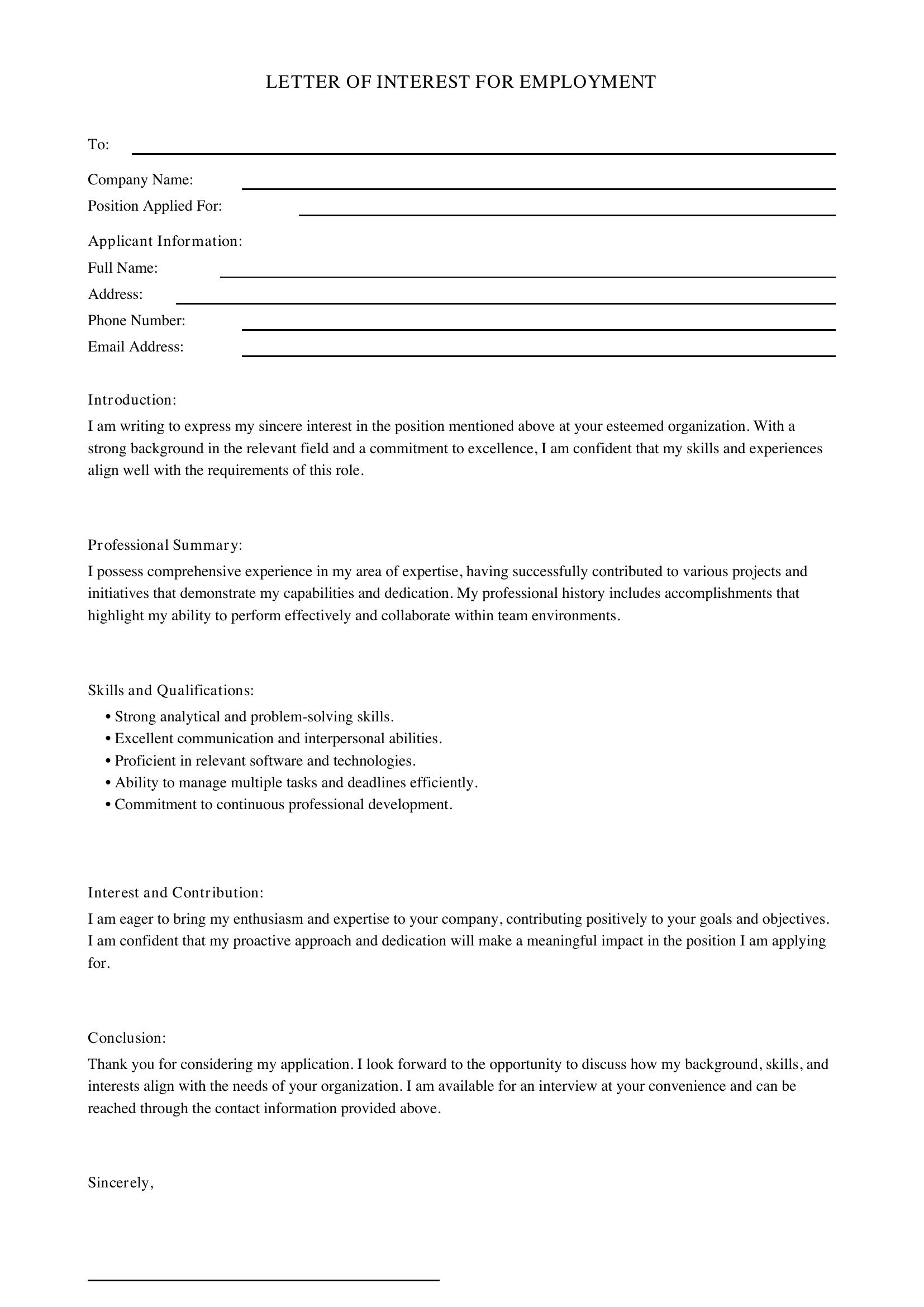 Job Letter Of Interest Template - US