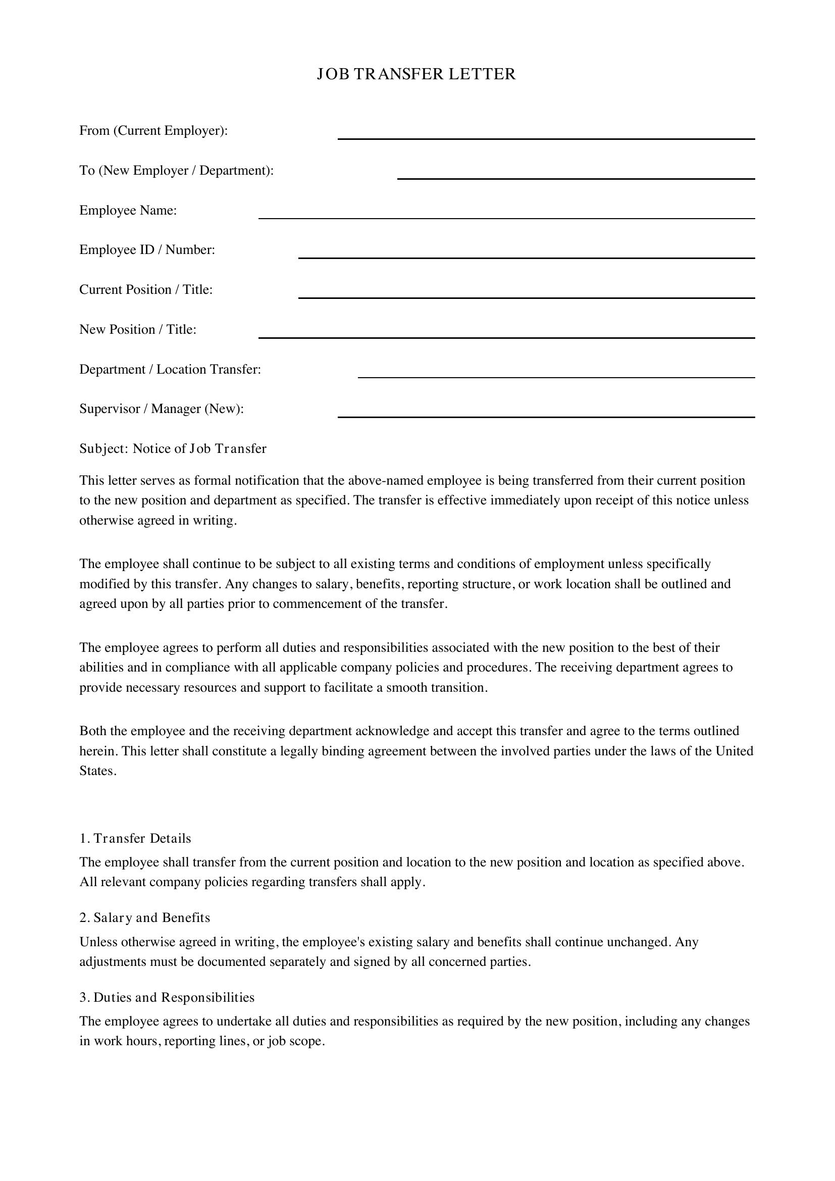 Job Transfer Letter Template - US