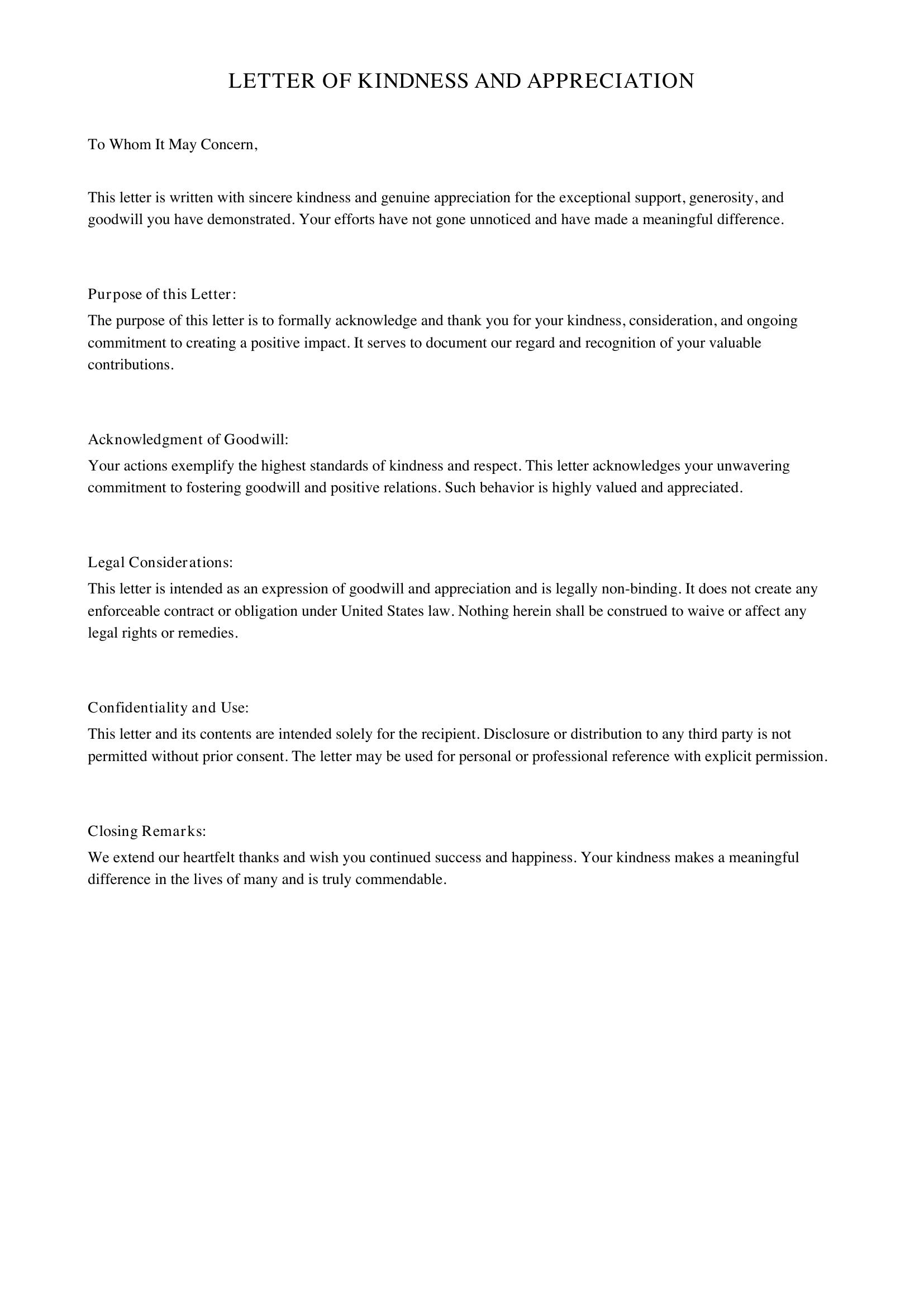 Kindness Letter Template - US