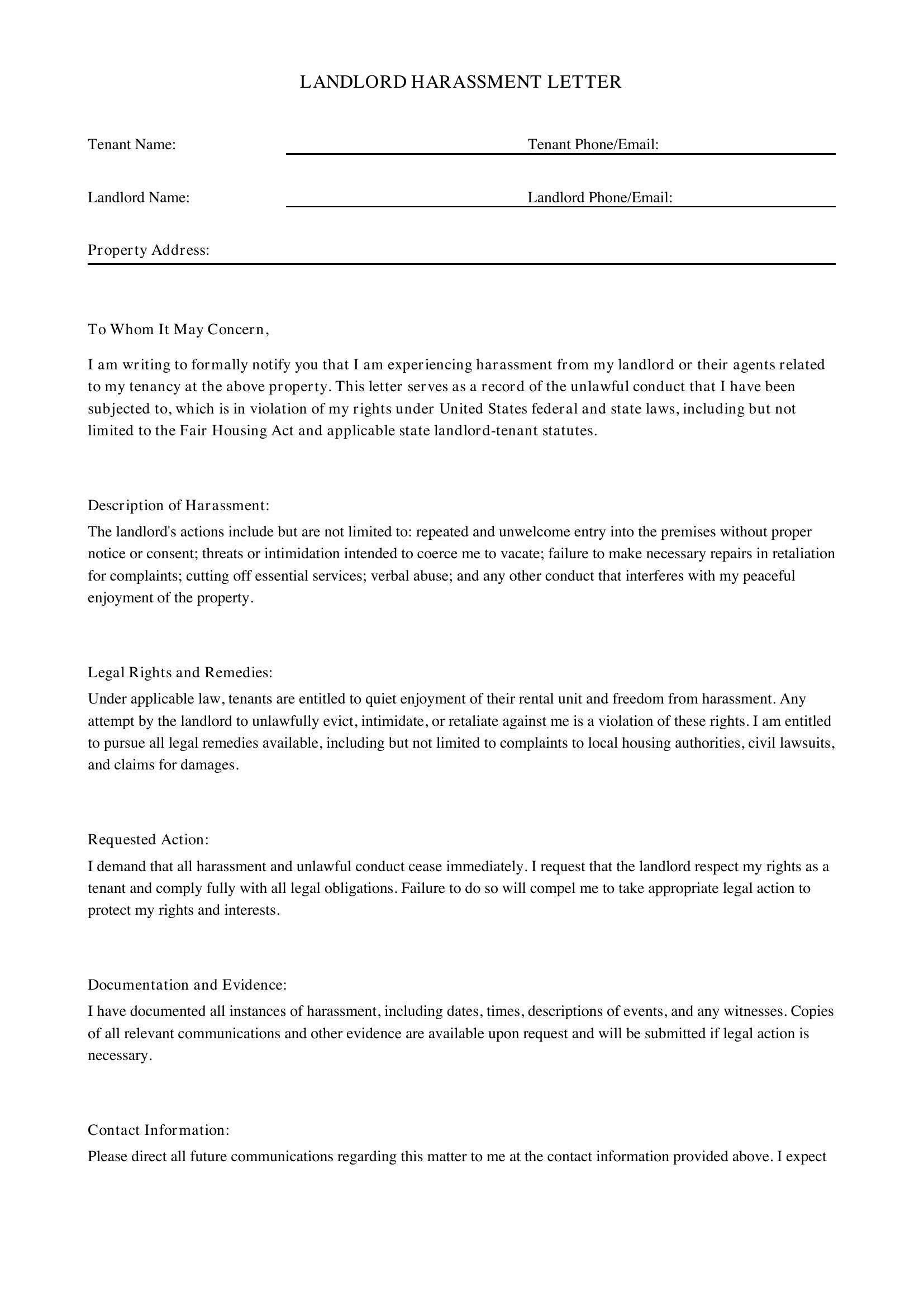 Landlord Harassment Letter Template - US
