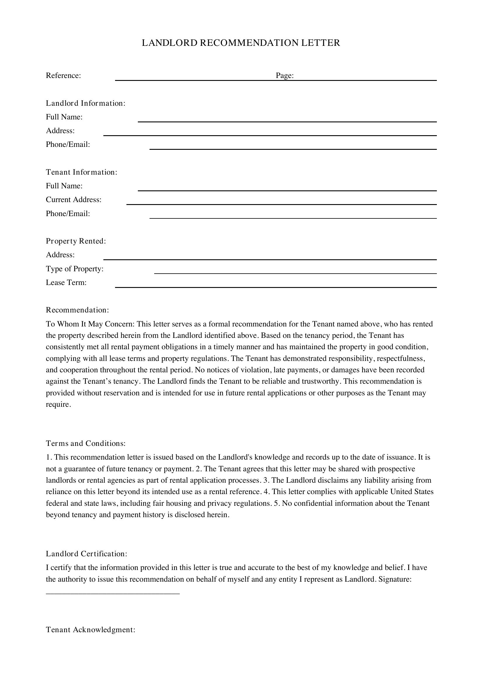 Landlord Recommendation Letter Template - US