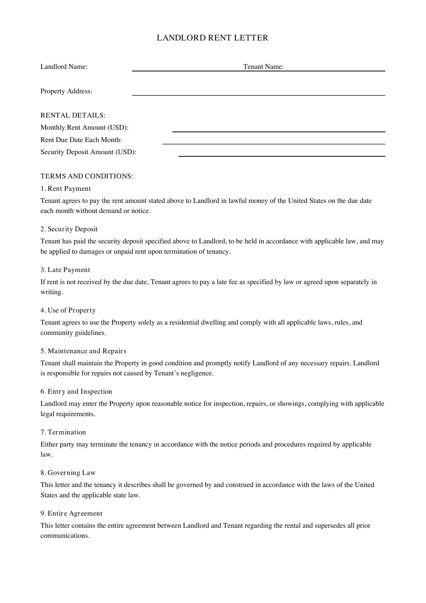 Landlord Rent Letter Template - US