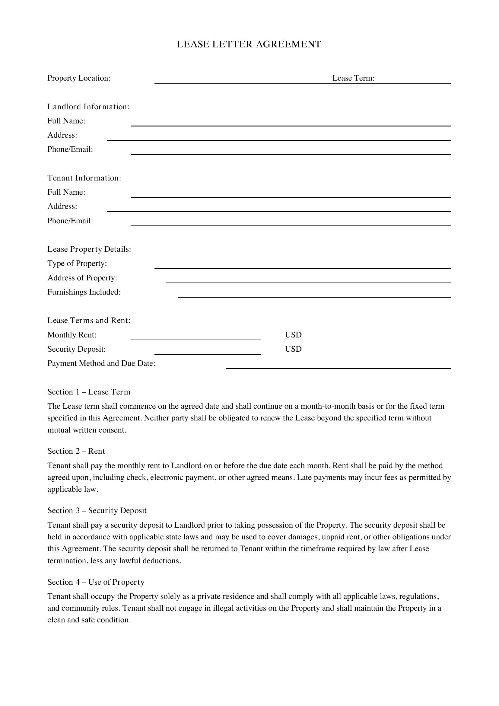 Lease Letter Template - US