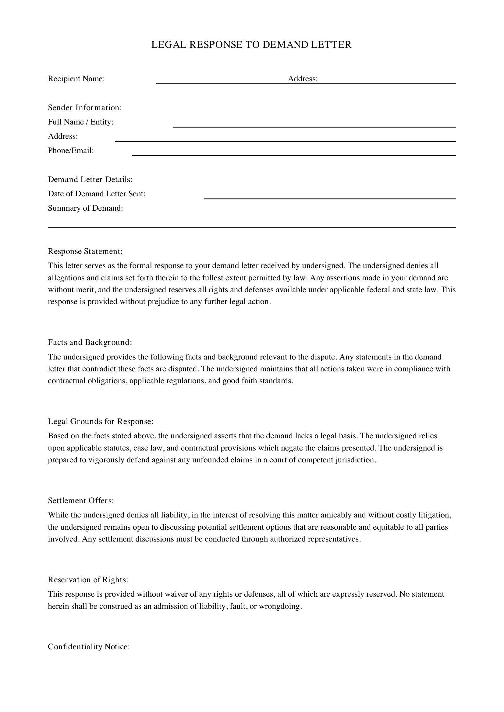 Legal Response To Demand Letter Template - US
