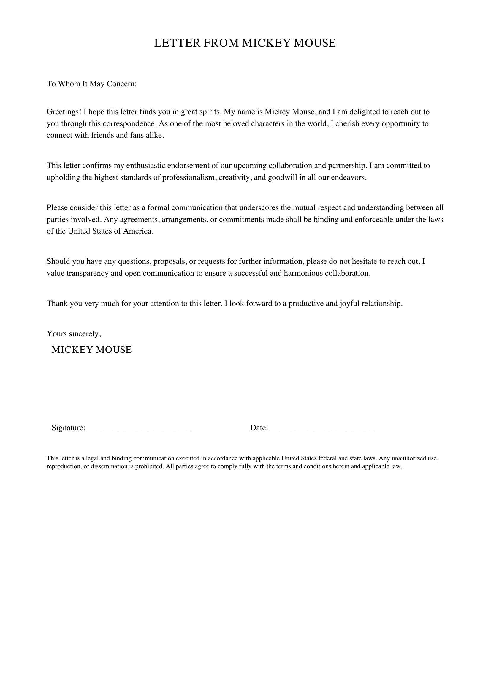 Letter From Mickey Mouse Template - US