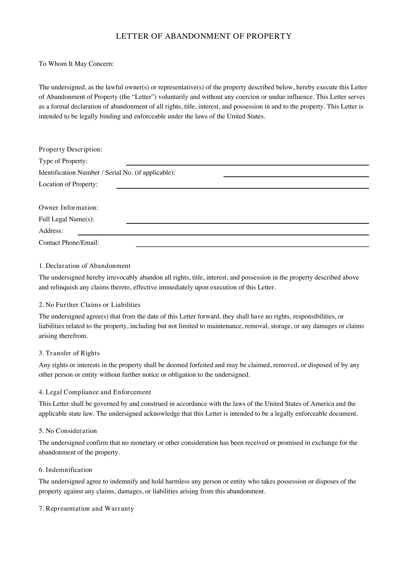 Letter Of Abandonment Of Property Template - US